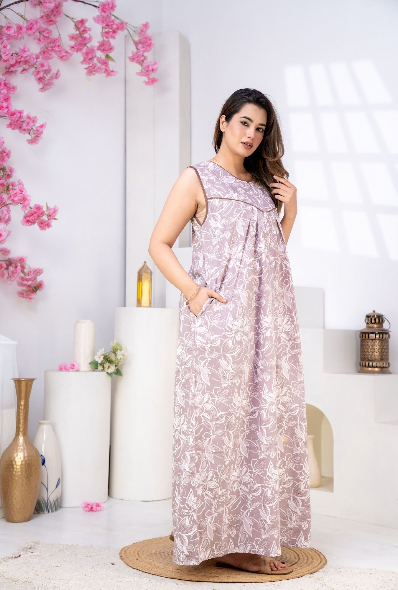 Serene Petals Dusty Rose Sleeveless Cotton Night Gown