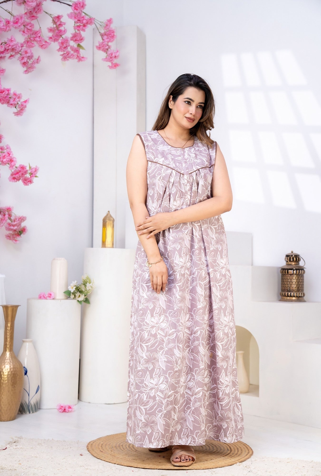 Serene Petals Dusty Rose Sleeveless Cotton Night Gown