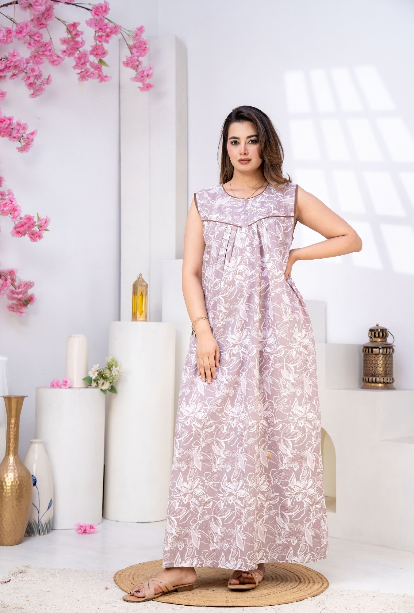Serene Petals Dusty Rose Sleeveless Cotton Night Gown
