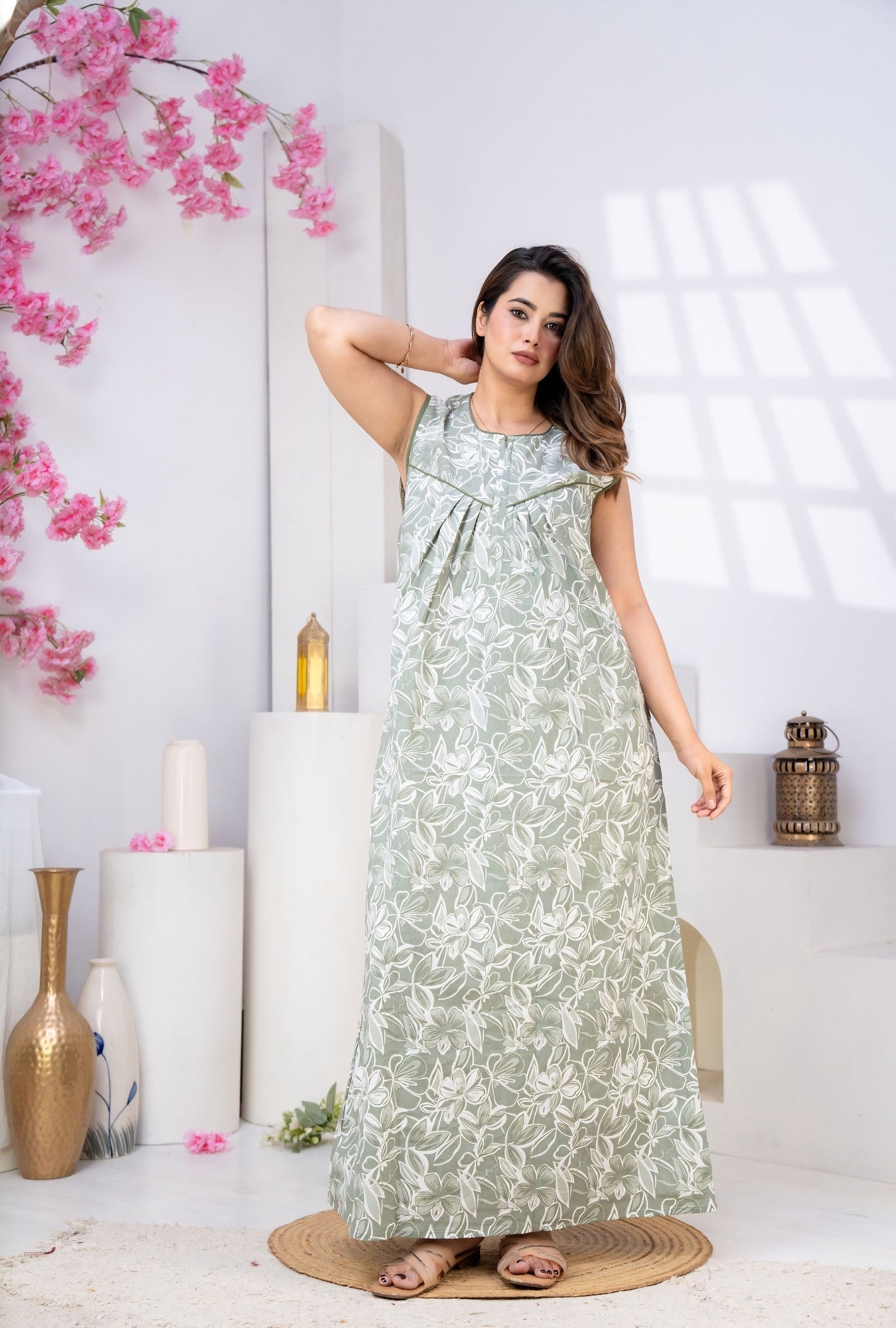 Serene Petals Sage Green Sleeveless Cotton Night Gown