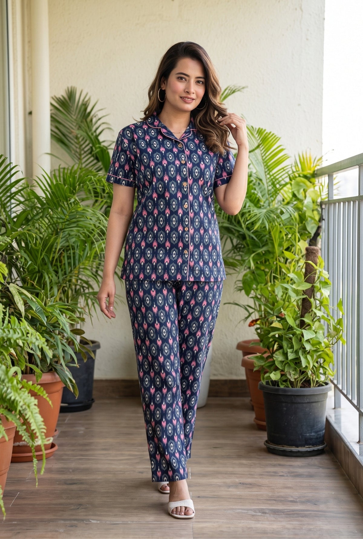 Ikkat Diamond Navy Cotton Printed Night Suit