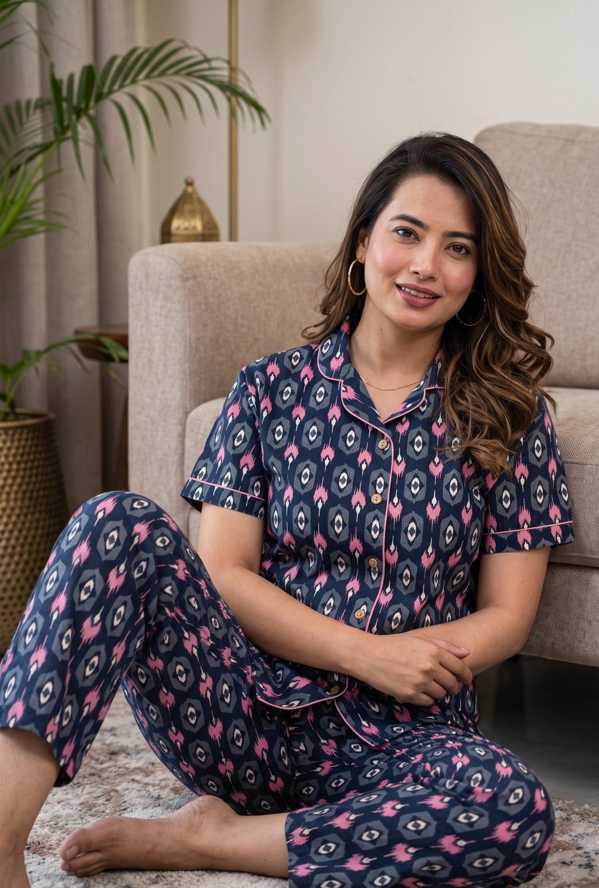Ikkat Diamond Navy Cotton Printed Night Suit