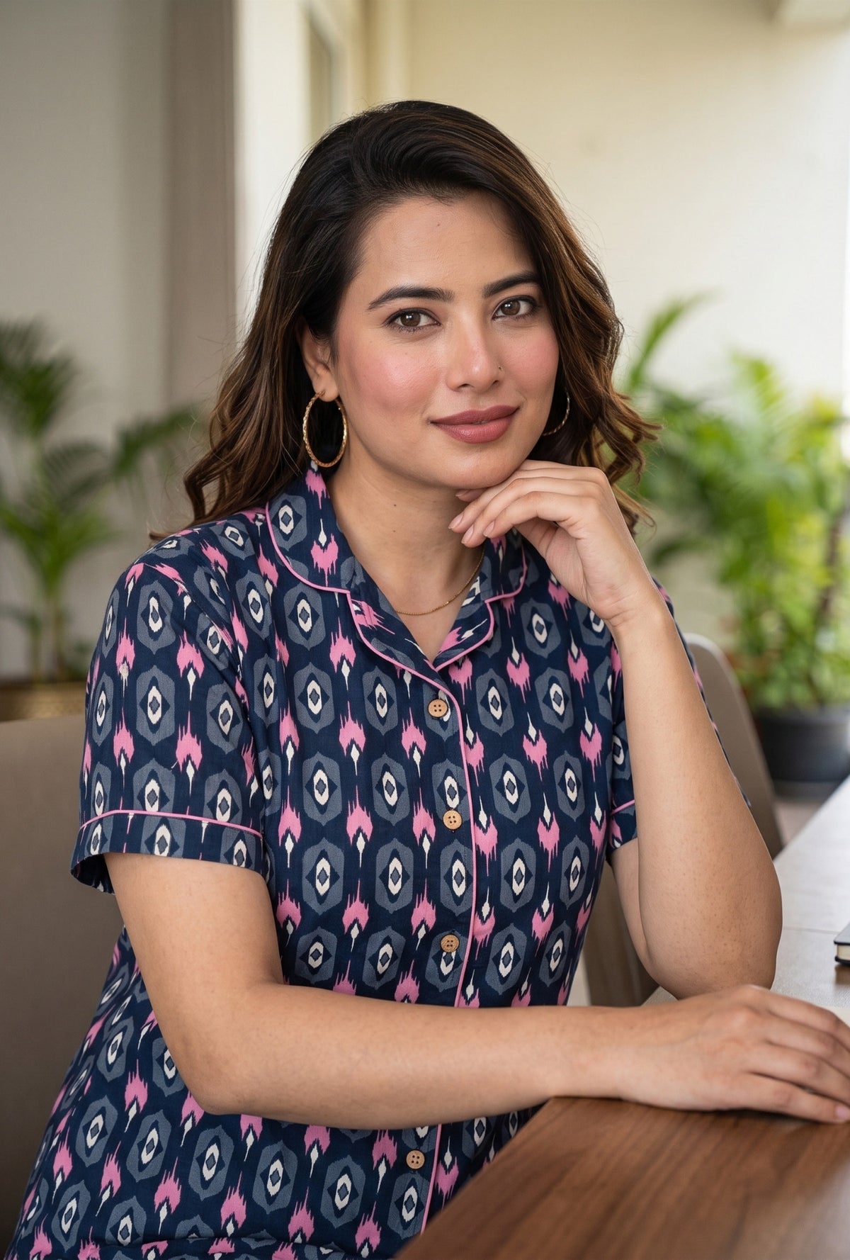 Ikkat Diamond Navy Cotton Printed Night Suit