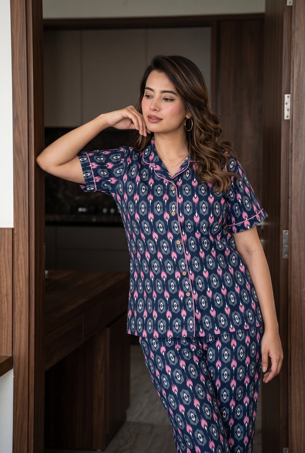 Ikkat Diamond Navy Cotton Printed Night Suit