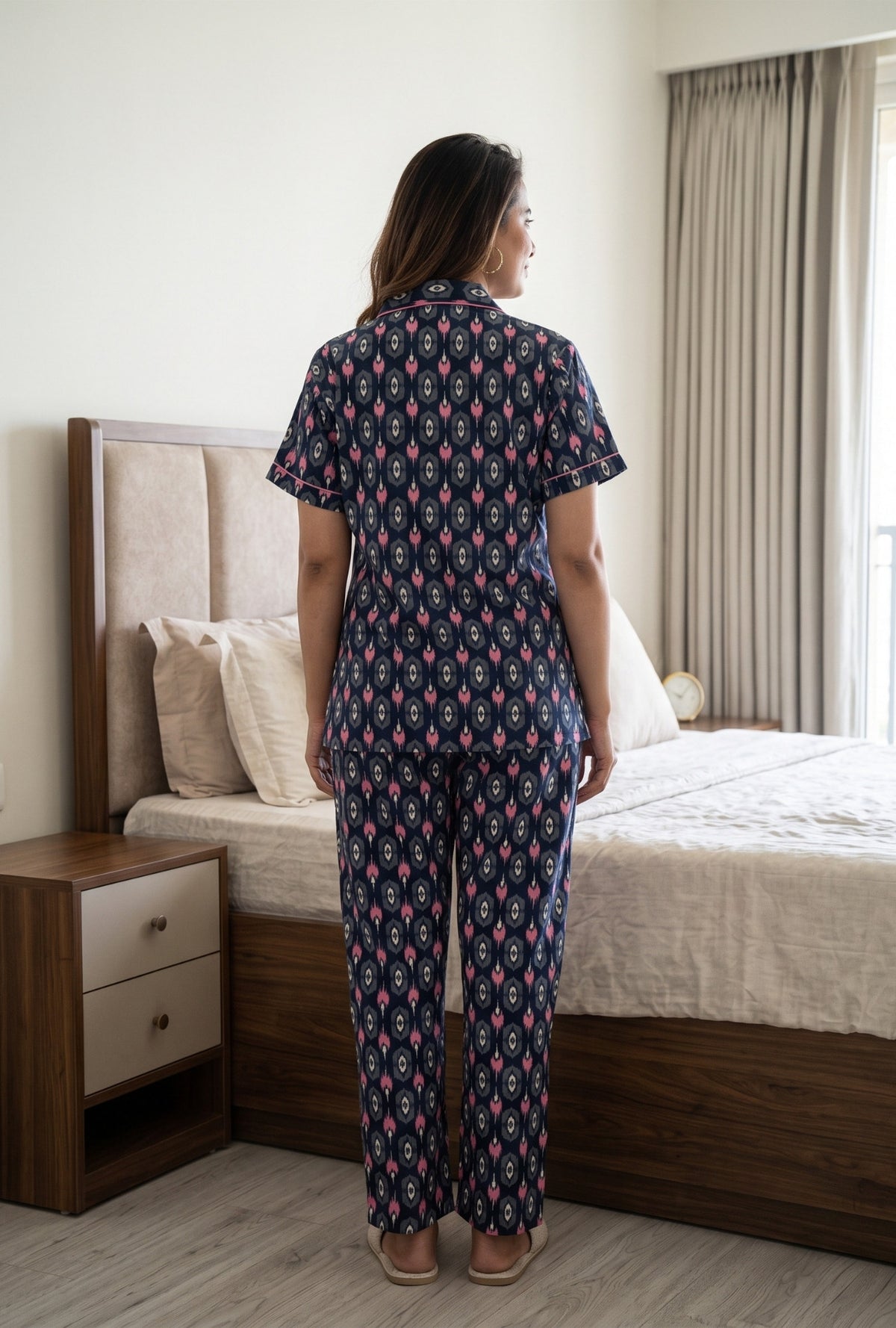 Ikkat Diamond Navy Cotton Printed Night Suit