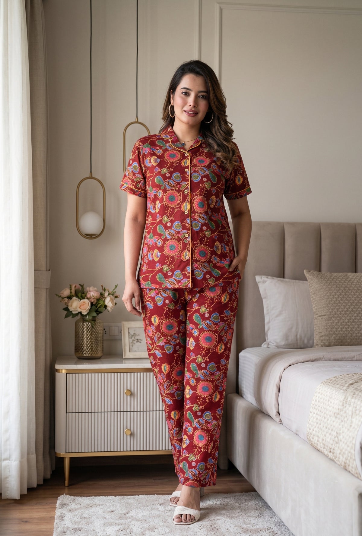 Paisley Flower Maroon Cotton Printed Night Suit