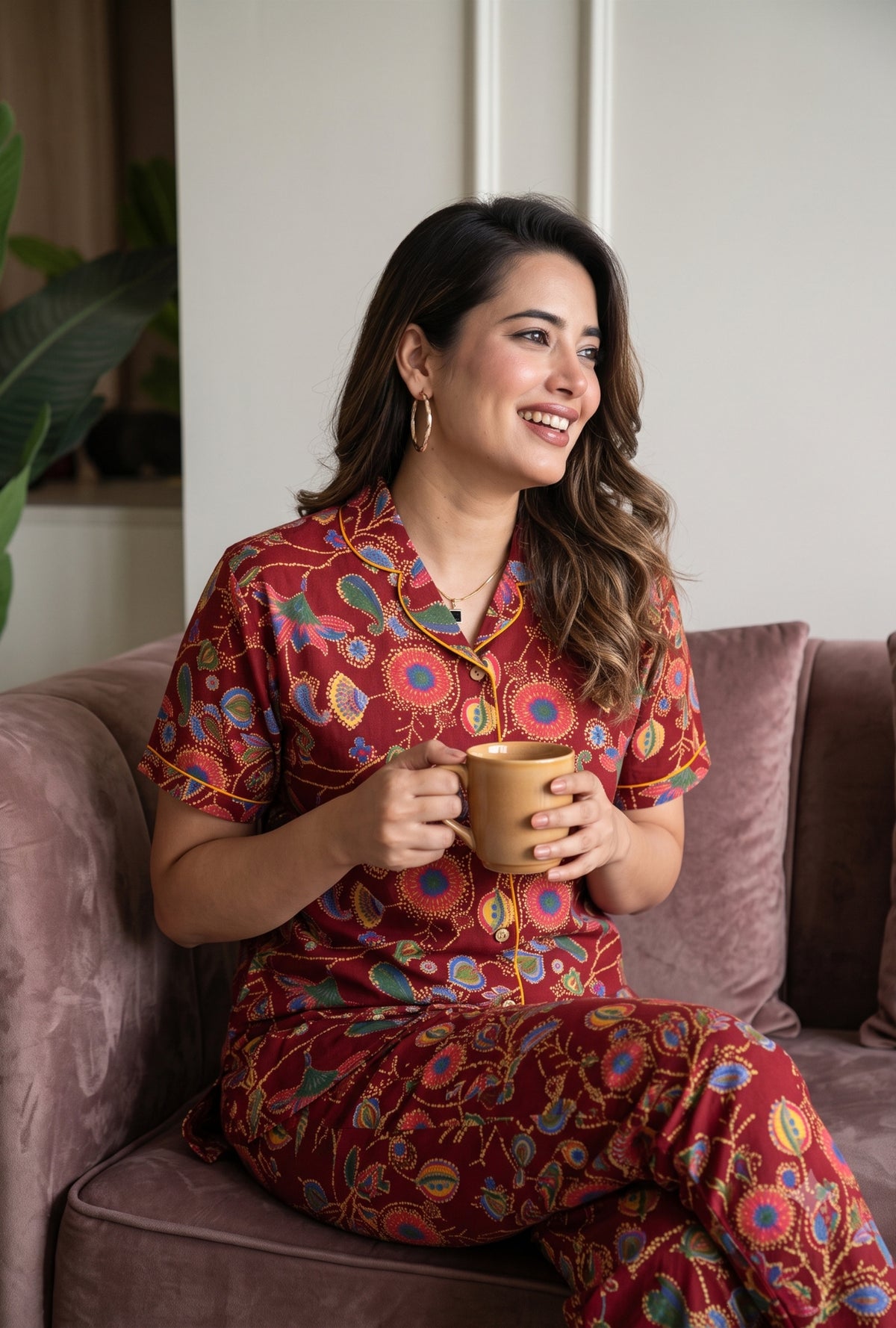 Paisley Flower Maroon Cotton Printed Night Suit
