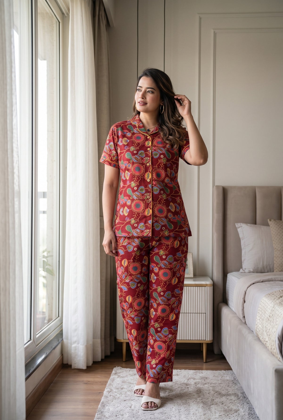 Paisley Flower Maroon Cotton Printed Night Suit