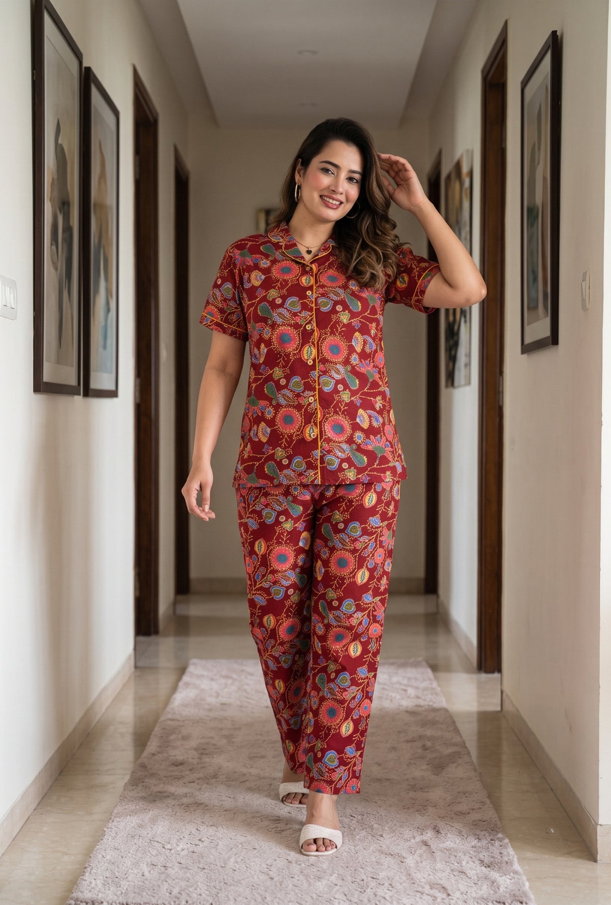 Paisley Flower Maroon Cotton Printed Night Suit