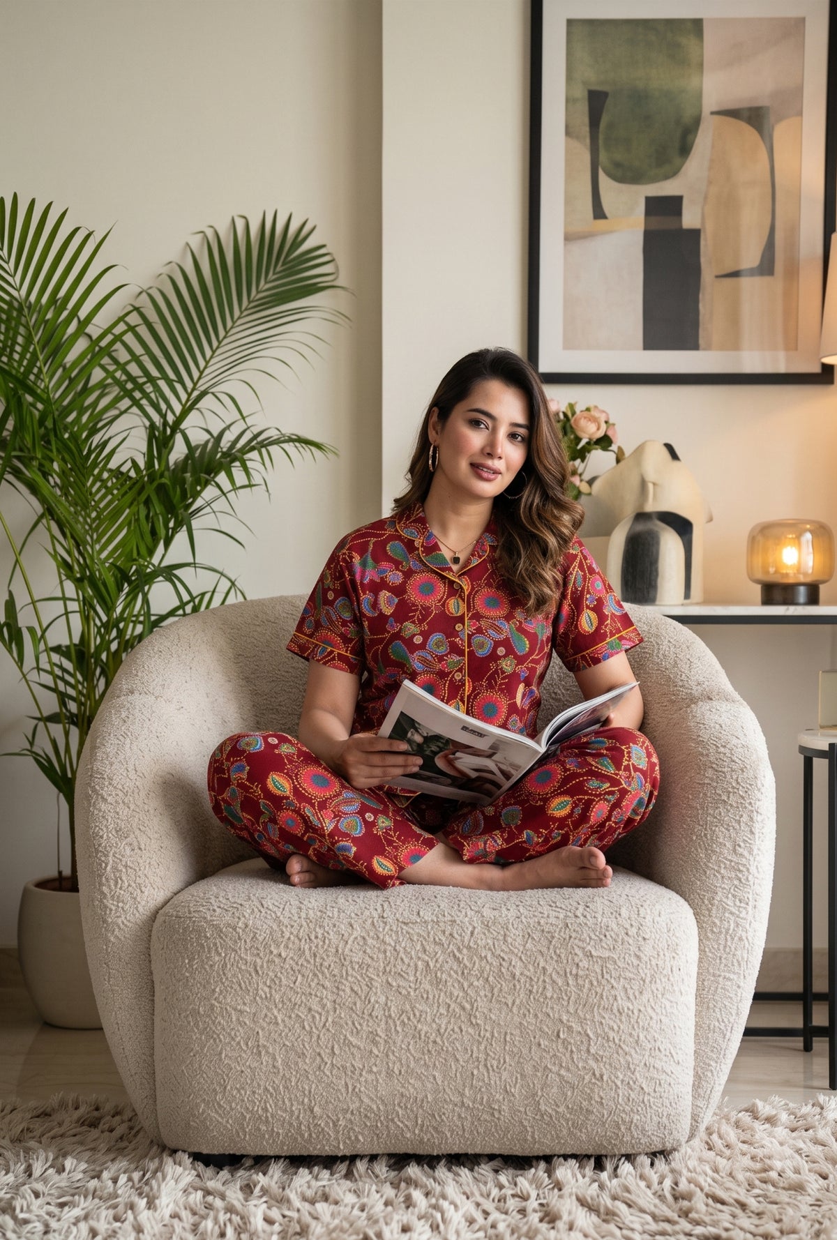 Paisley Flower Maroon Cotton Printed Night Suit