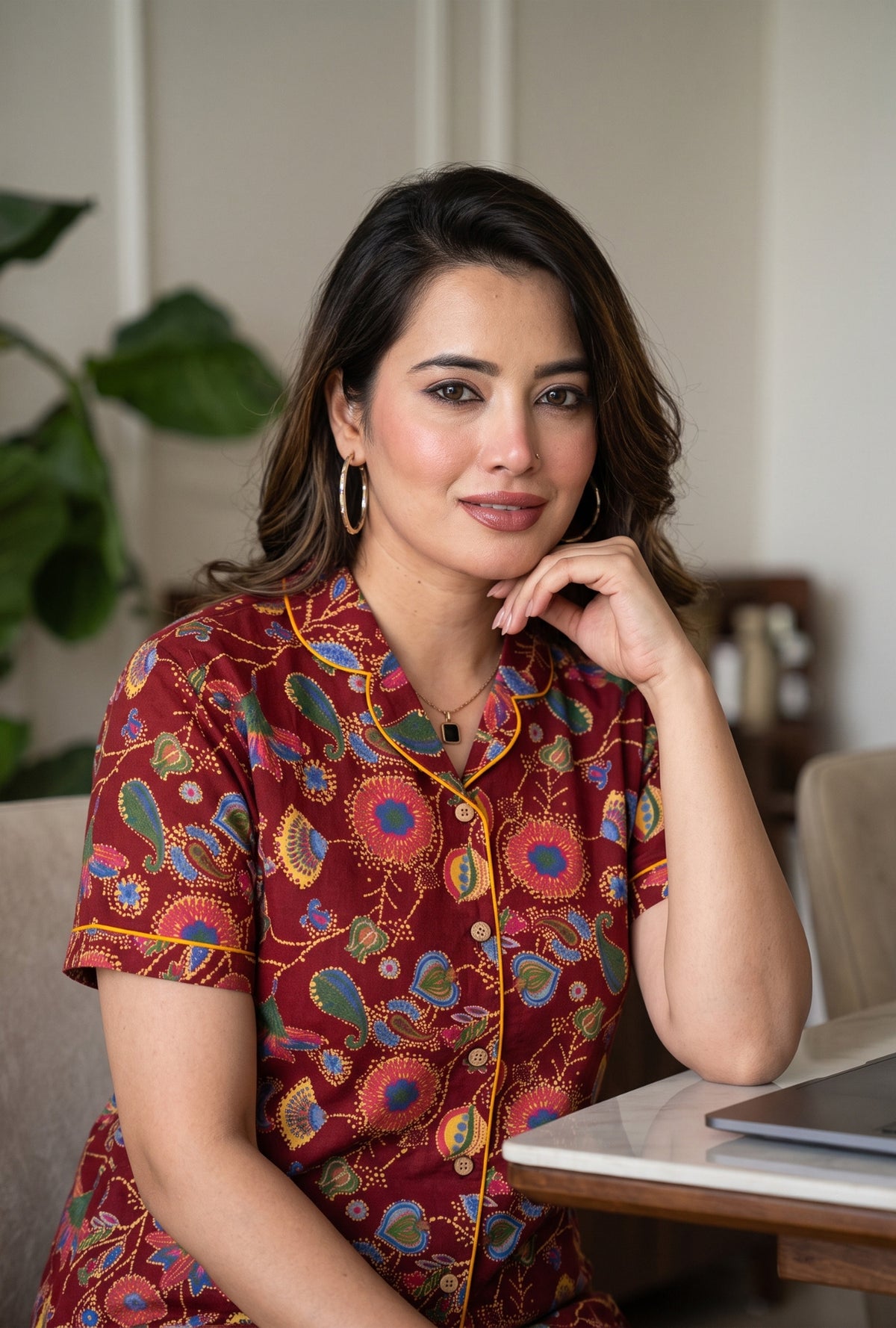 Paisley Flower Maroon Cotton Printed Night Suit