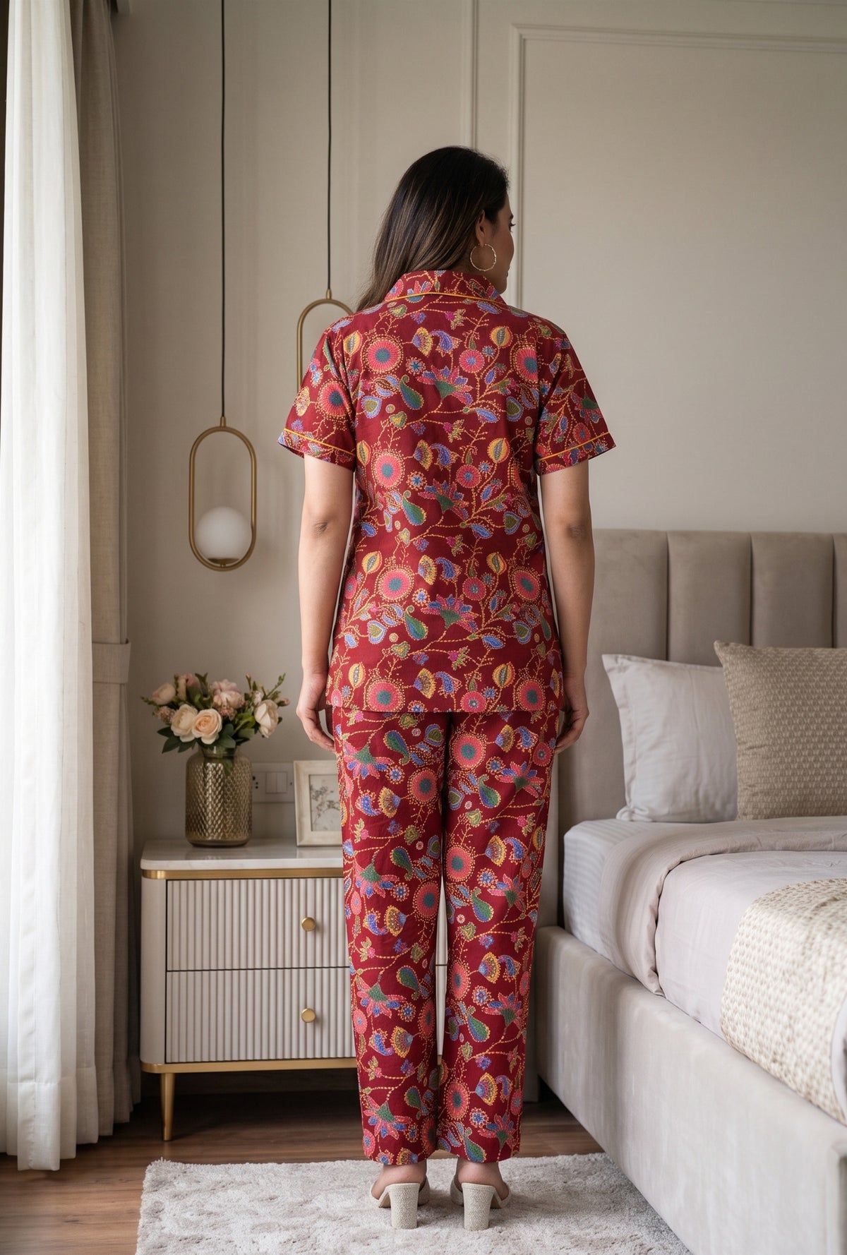 Paisley Flower Maroon Cotton Printed Night Suit