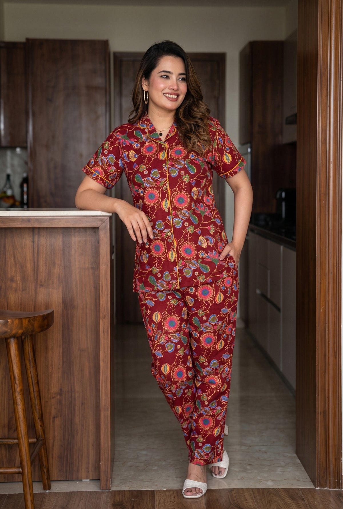 Paisley Flower Maroon Cotton Printed Night Suit