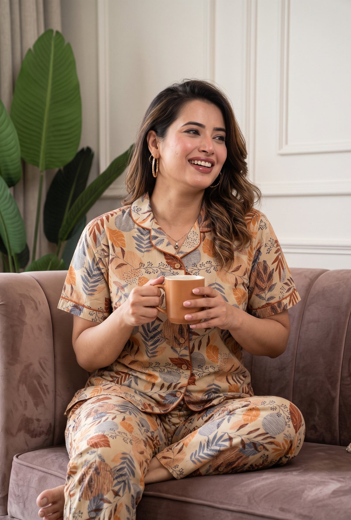 Lining Leaves Grey Cotton Printed Night Suit