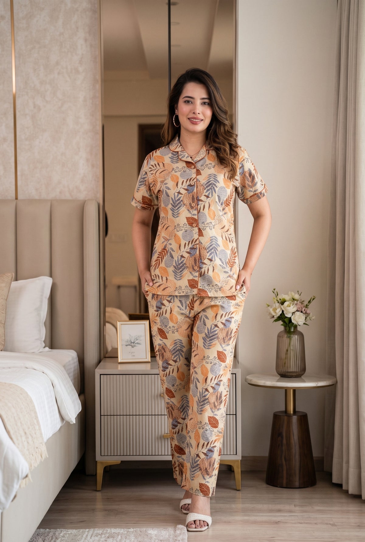 Lining Leaves Grey Cotton Printed Night Suit