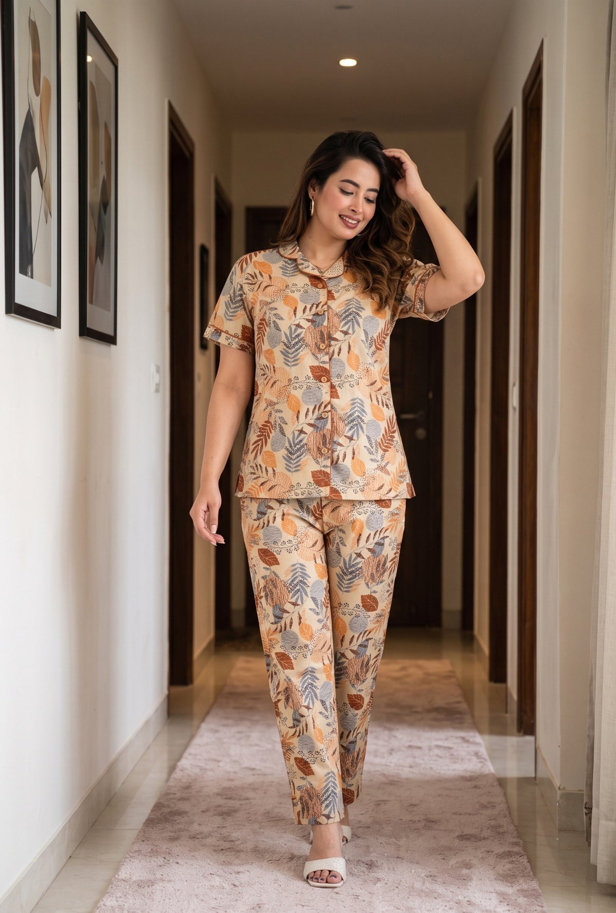 Lining Leaves Grey Cotton Printed Night Suit