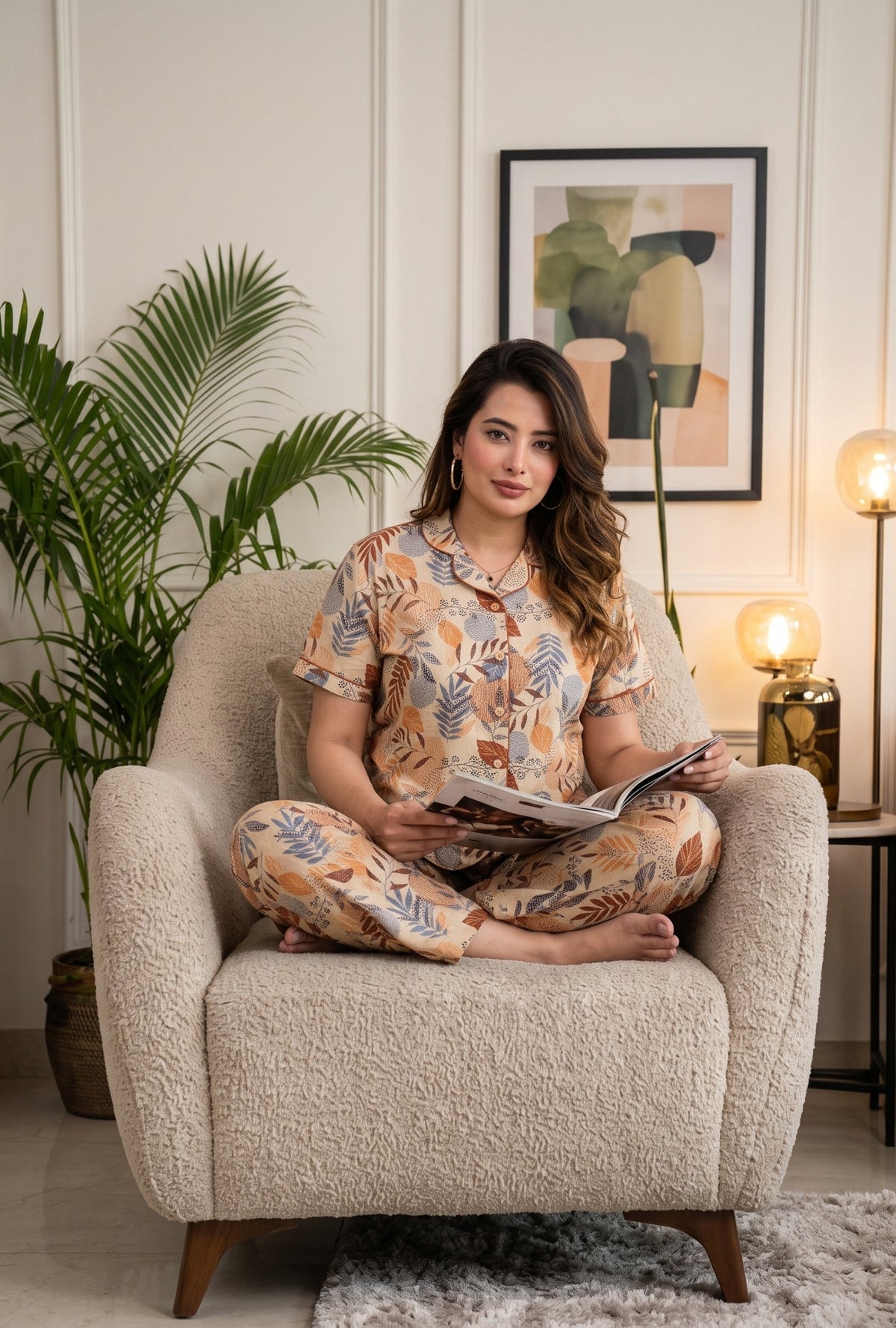 Lining Leaves Grey Cotton Printed Night Suit