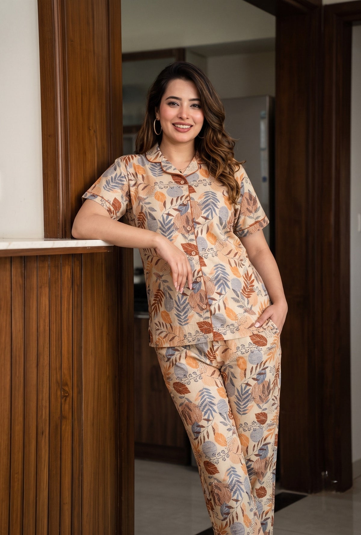 Lining Leaves Grey Cotton Printed Night Suit