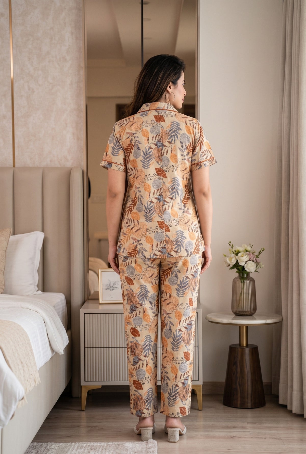 Lining Leaves Grey Cotton Printed Night Suit