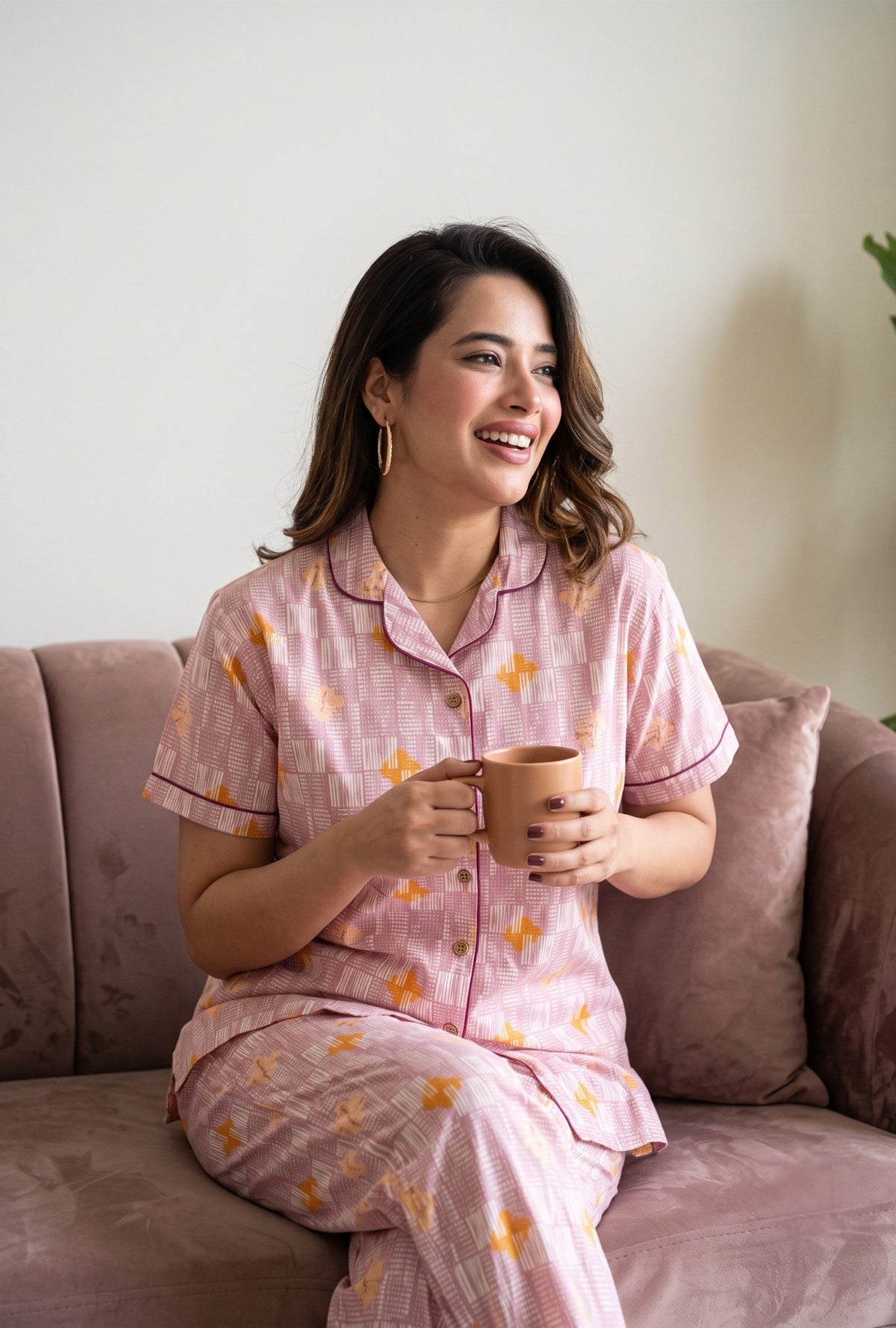 Grid Buta Mauve Cotton Printed Night Suit