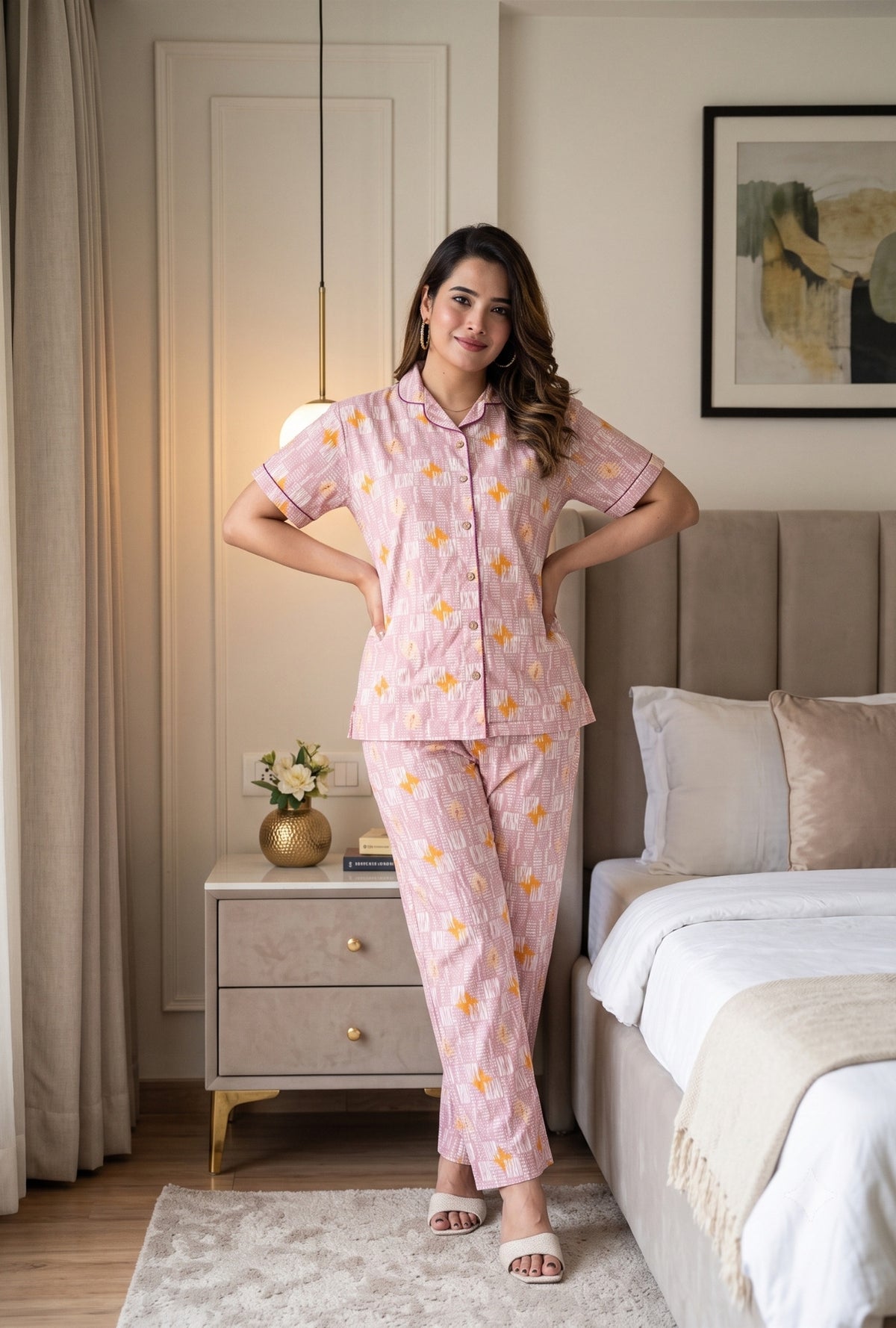 Grid Buta Mauve Cotton Printed Night Suit