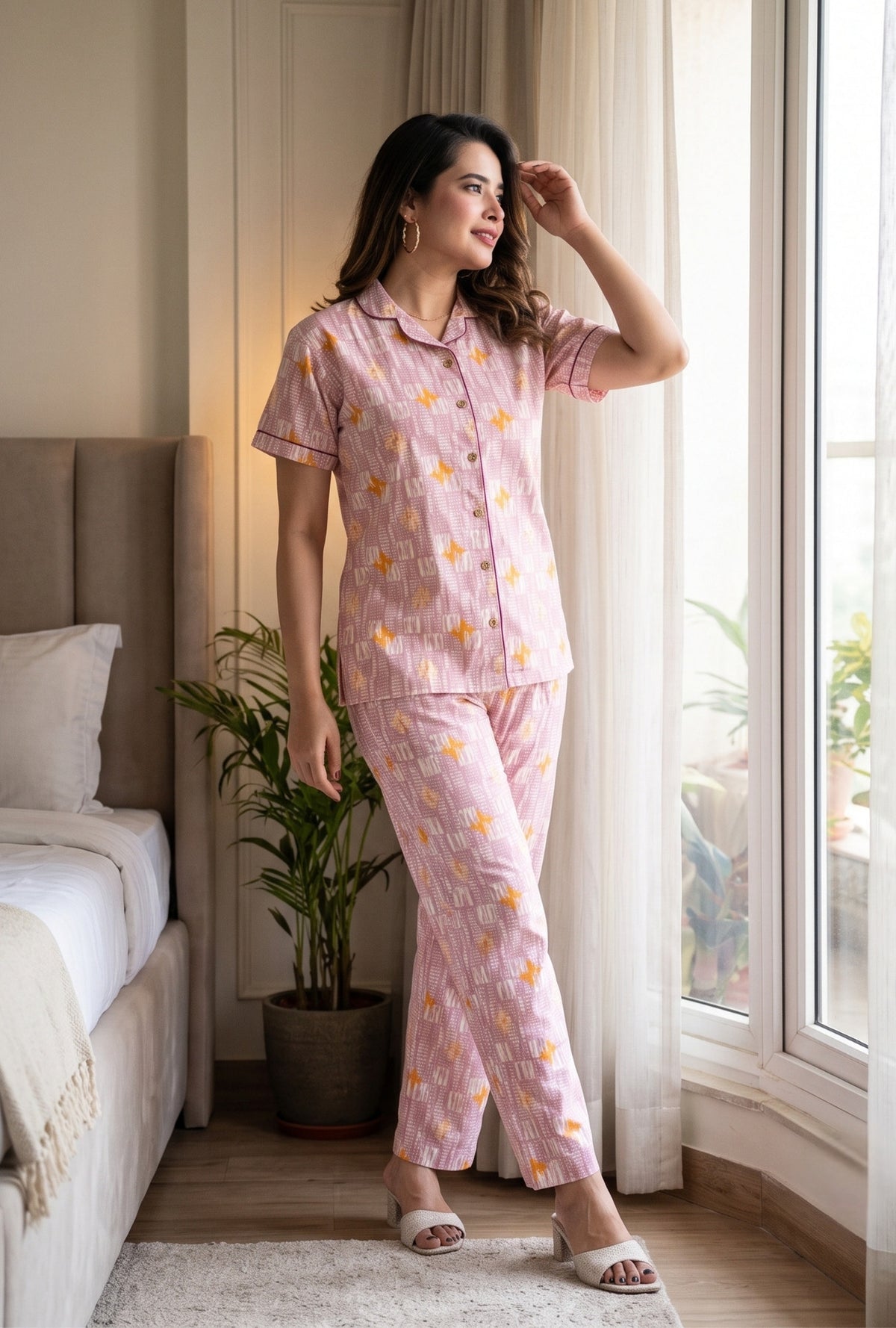 Grid Buta Mauve Cotton Printed Night Suit