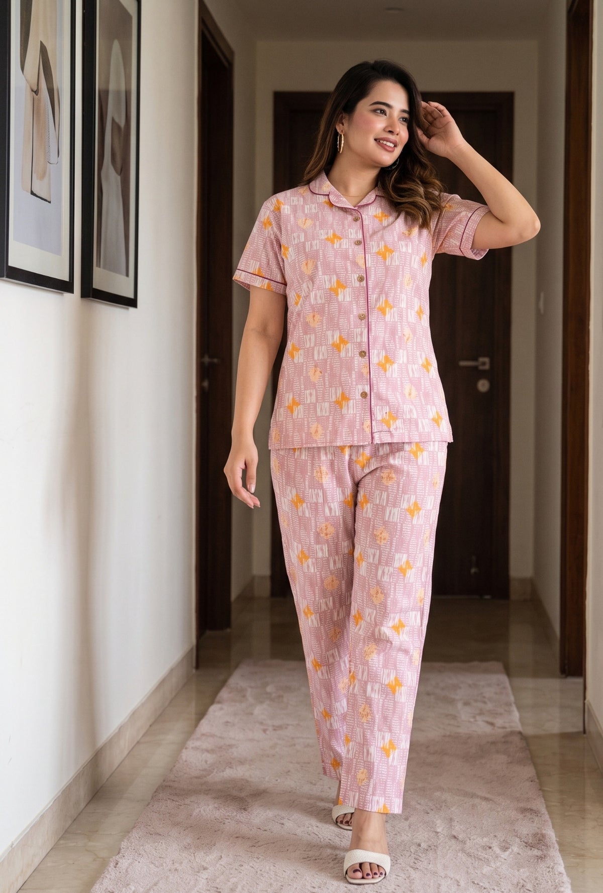 Grid Buta Mauve Cotton Printed Night Suit