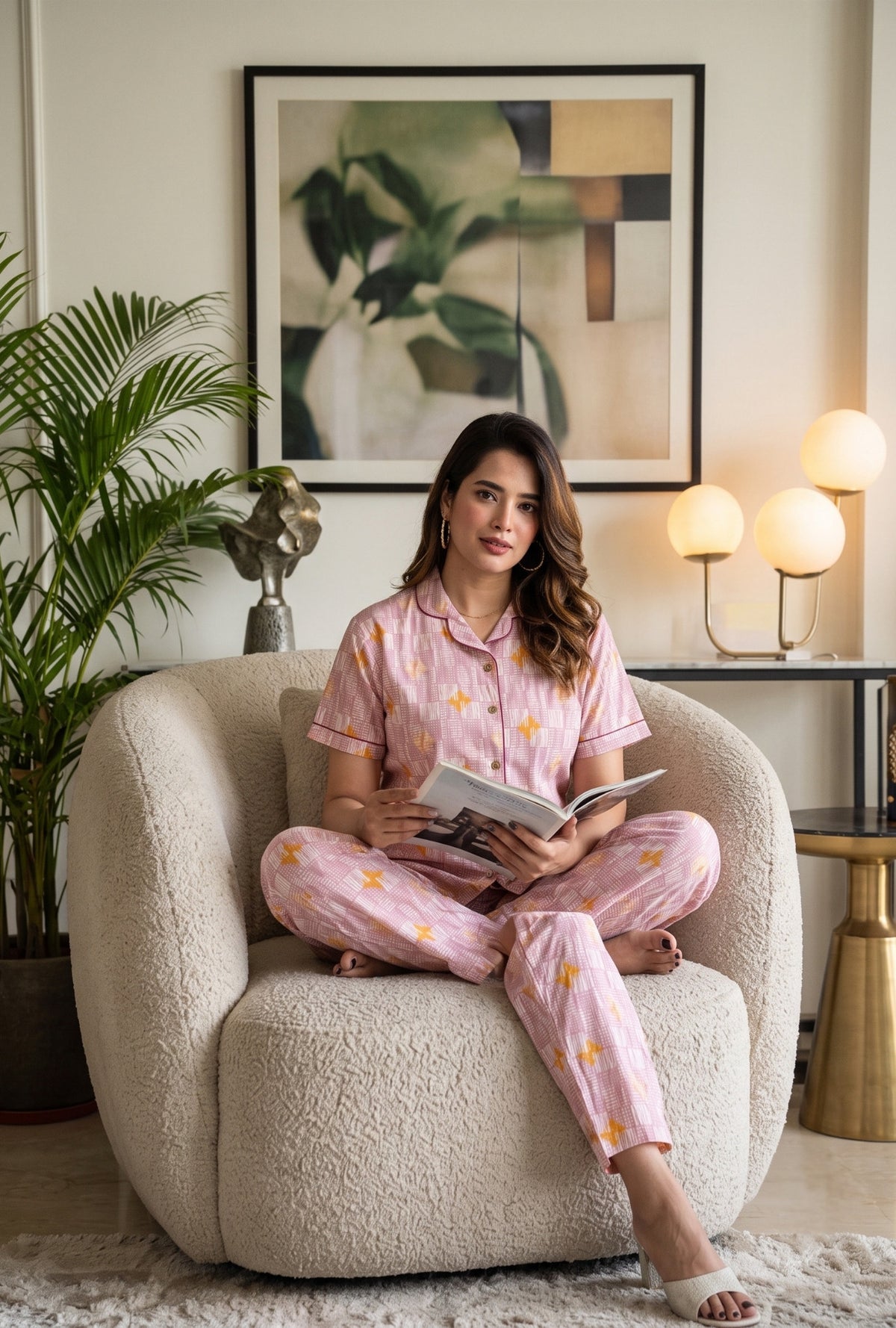 Grid Buta Mauve Cotton Printed Night Suit