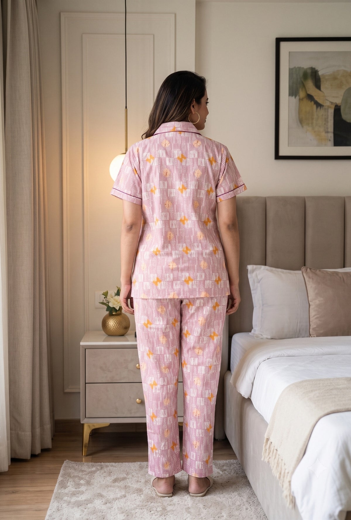 Grid Buta Mauve Cotton Printed Night Suit