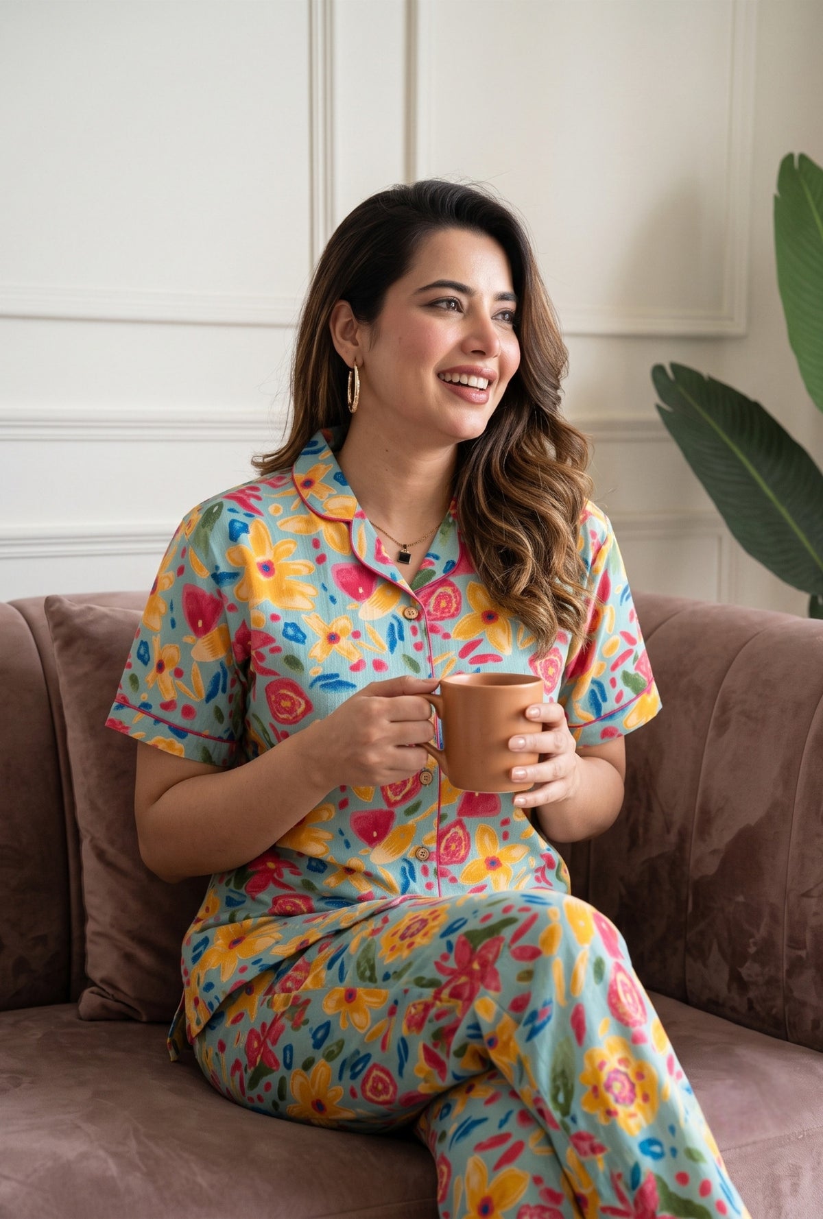 Marine Sea Green Cotton Printed Night Suit