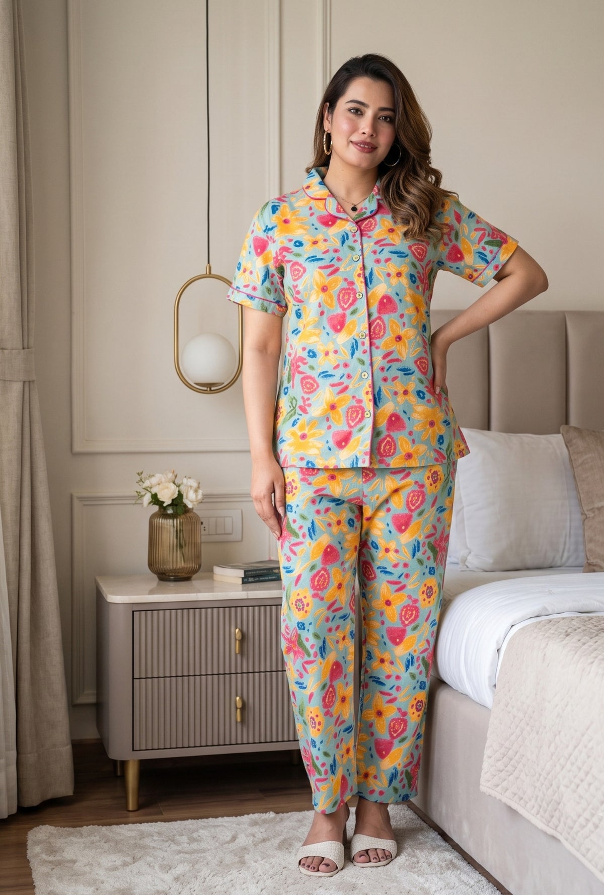 Marine Sea Green Cotton Printed Night Suit
