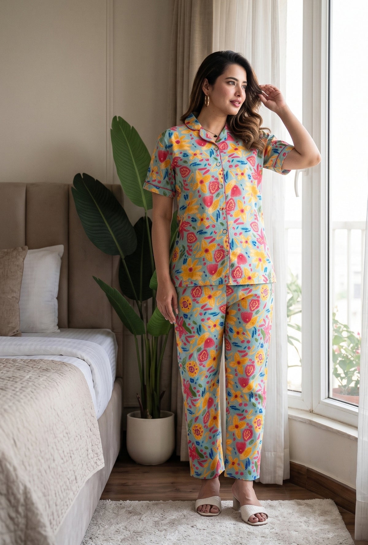 Marine Sea Green Cotton Printed Night Suit