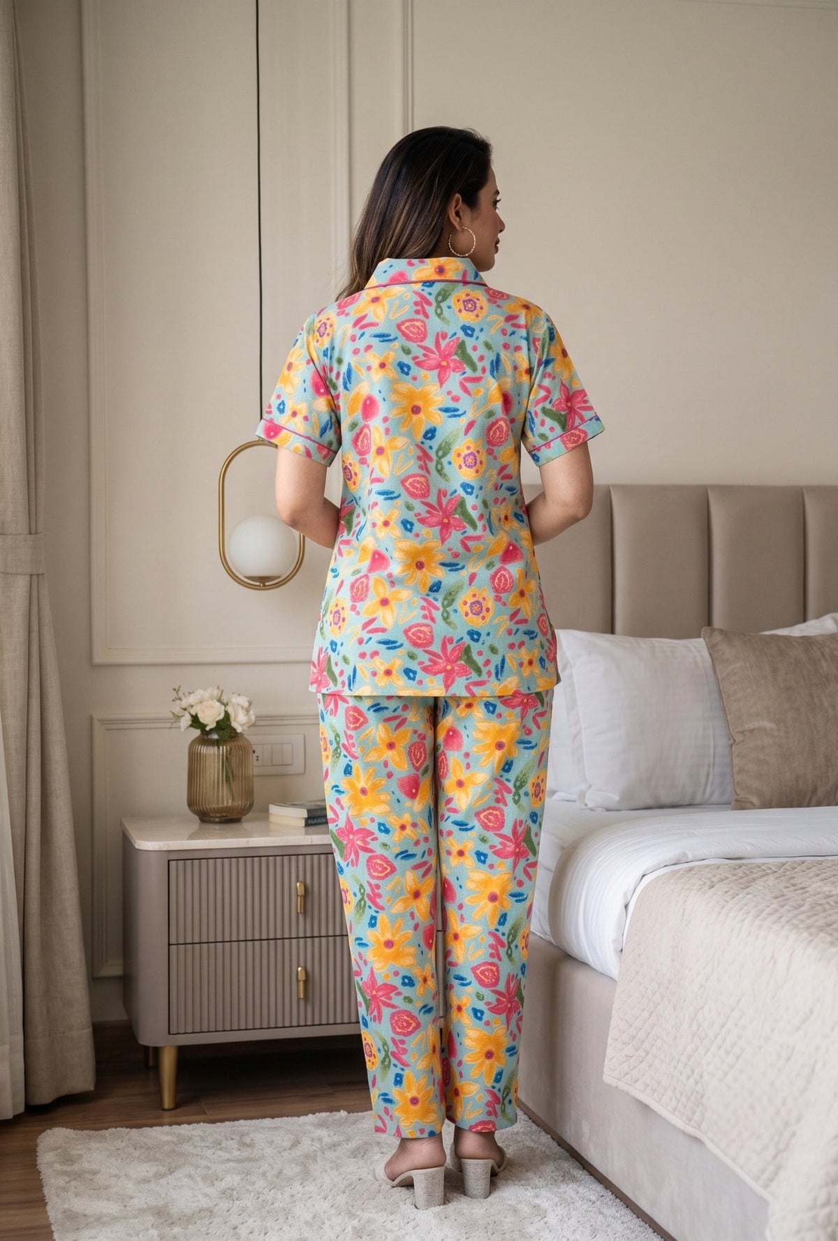 Marine Sea Green Cotton Printed Night Suit