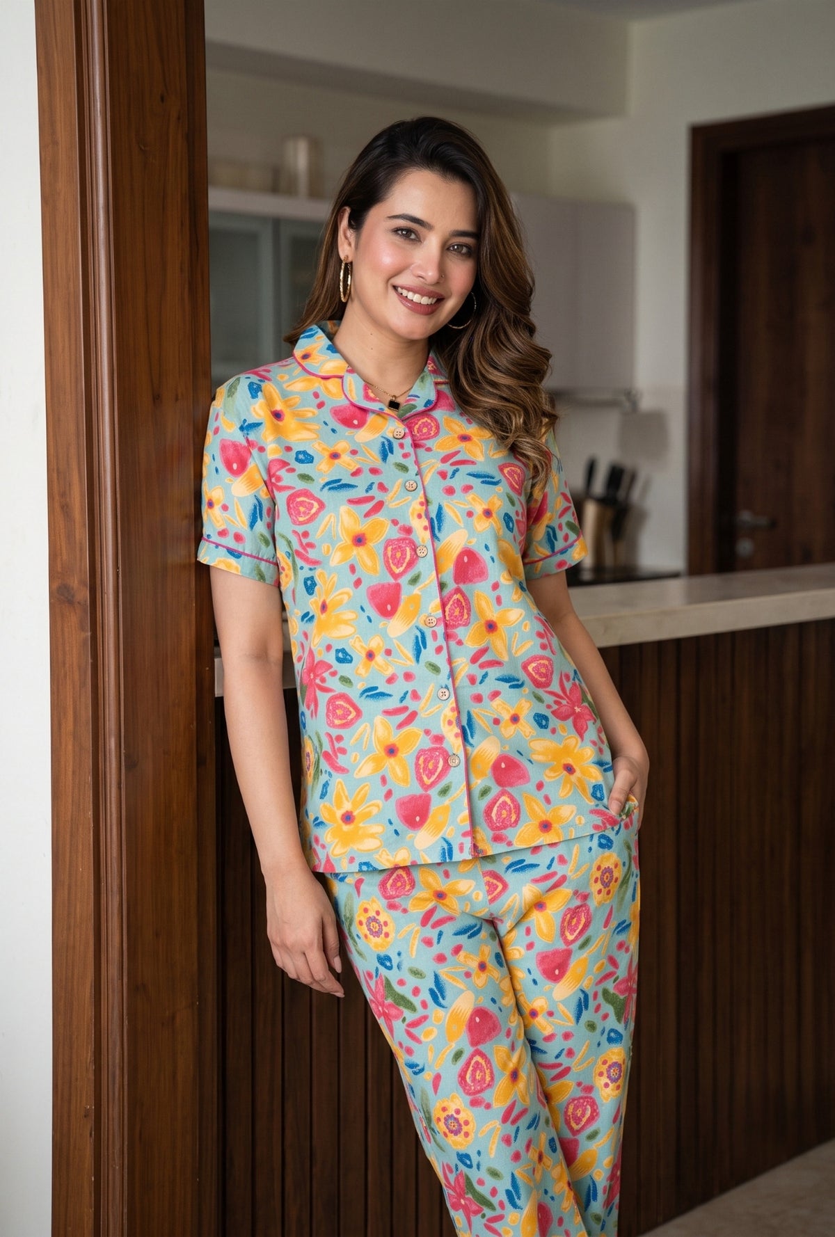 Marine Sea Green Cotton Printed Night Suit