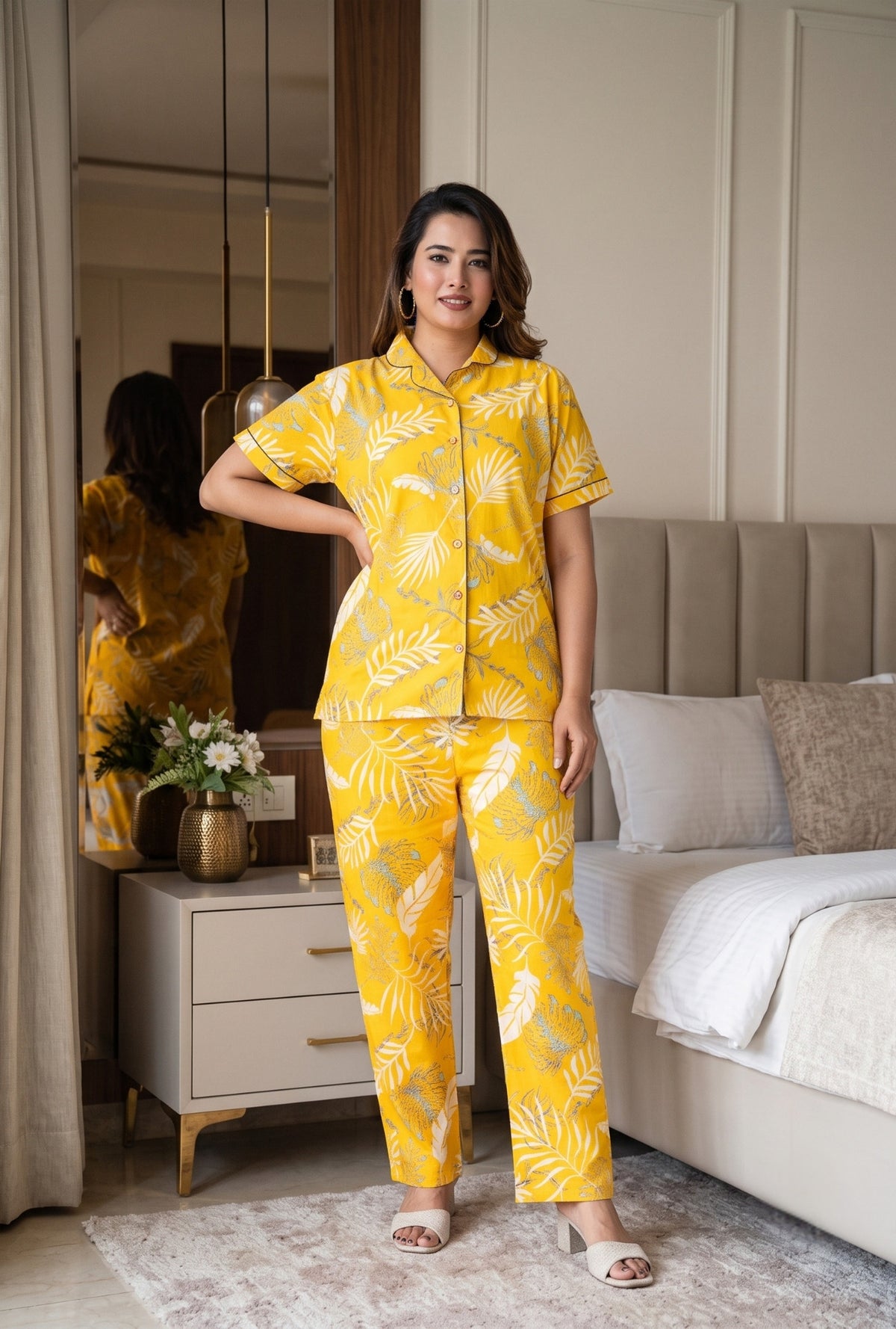 Plum Leaf Yellow Cotton Printed Night Suit