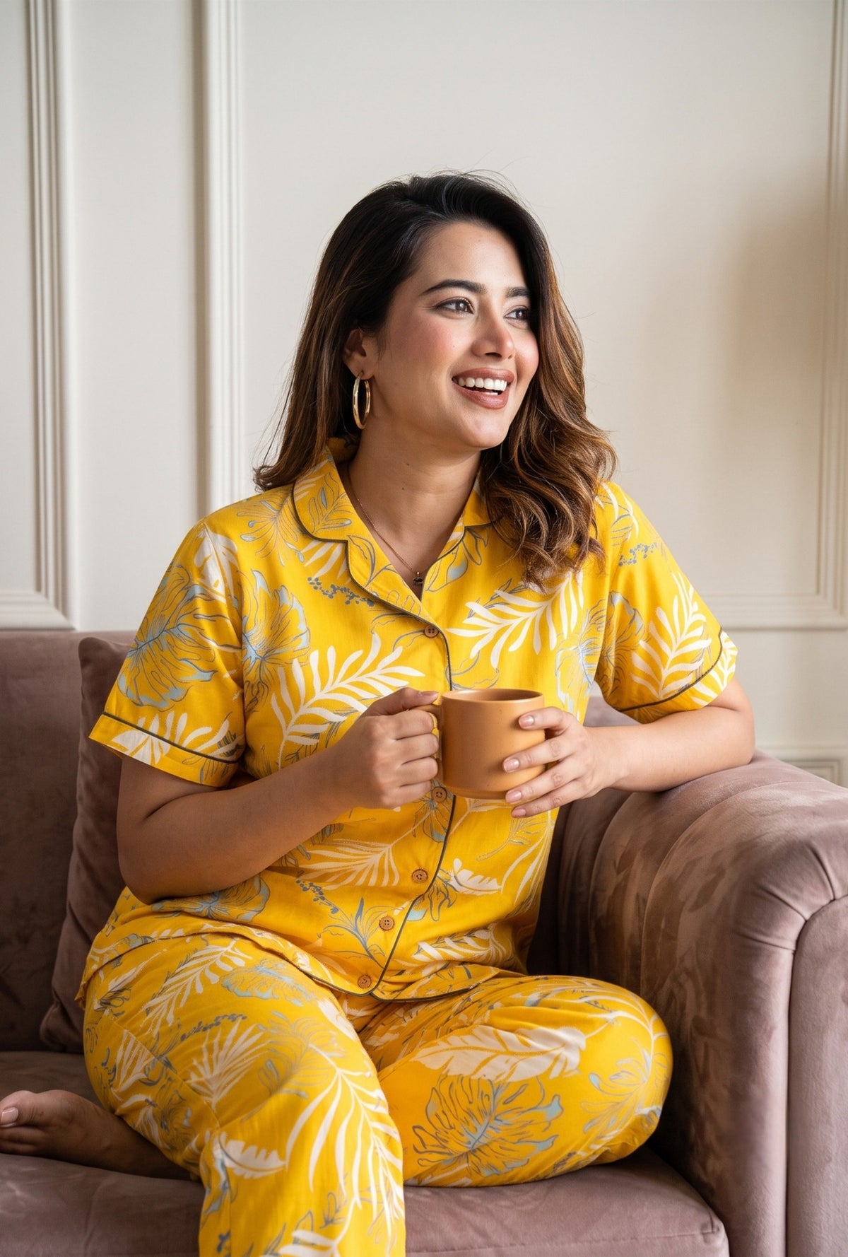 Plum Leaf Yellow Cotton Printed Night Suit