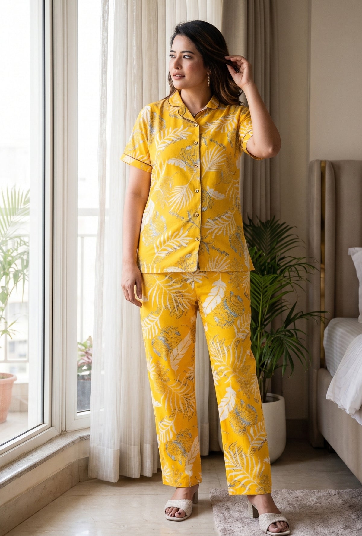 Plum Leaf Yellow Cotton Printed Night Suit