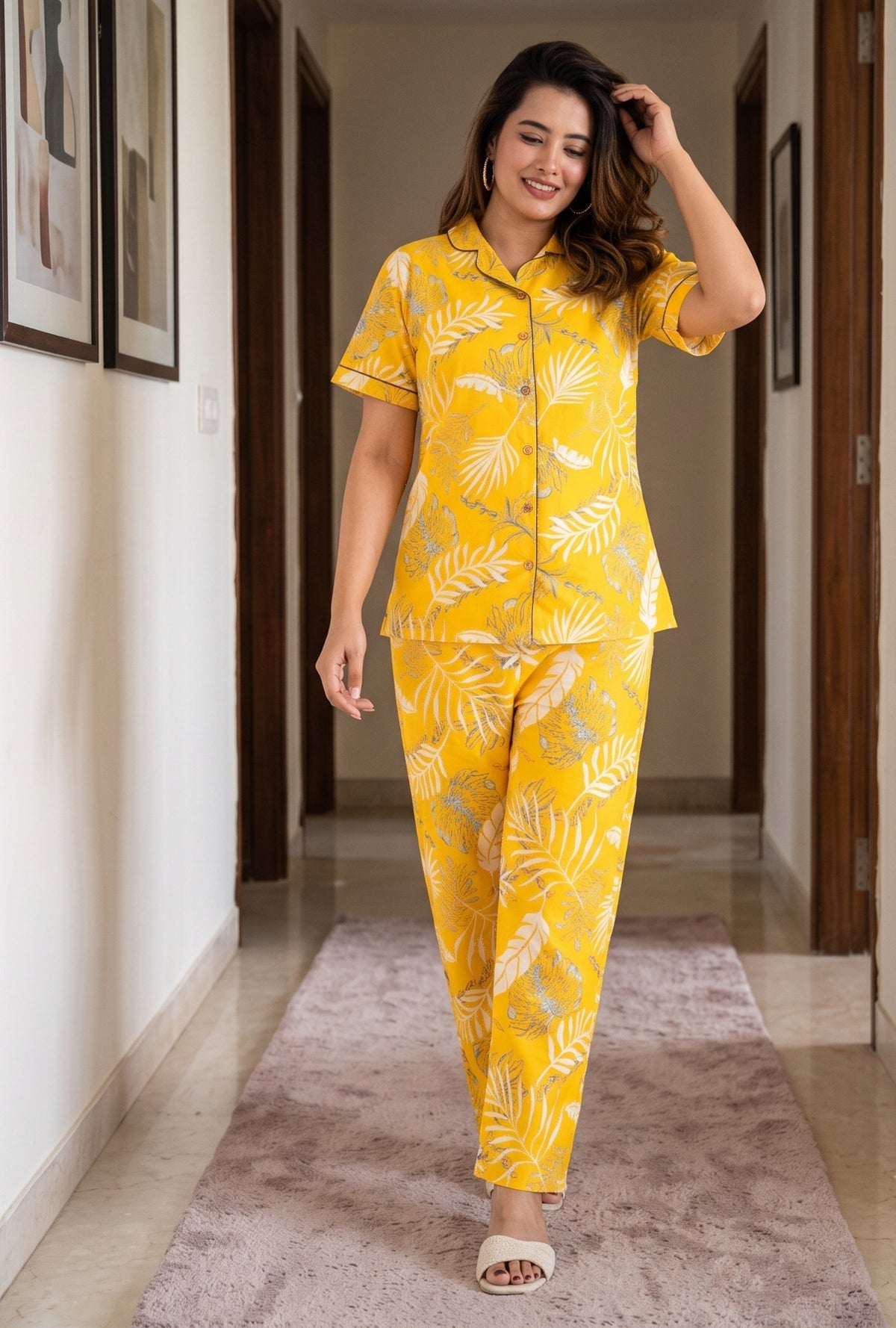 Plum Leaf Yellow Cotton Printed Night Suit