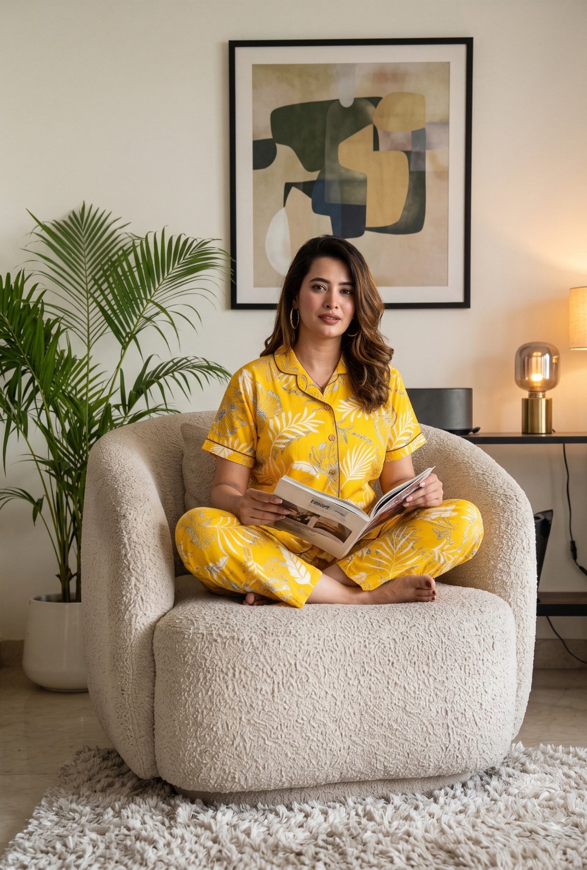 Plum Leaf Yellow Cotton Printed Night Suit