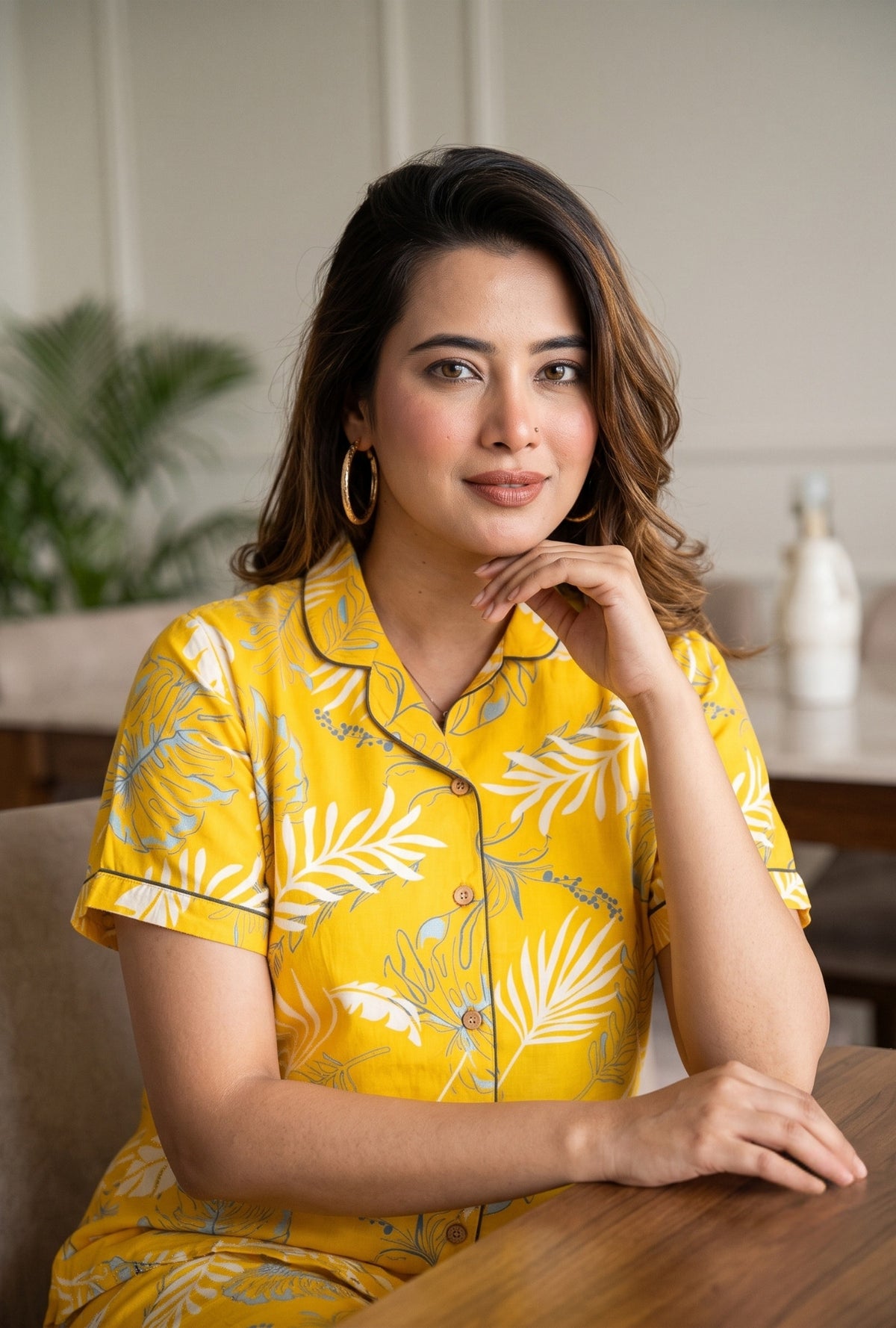 Plum Leaf Yellow Cotton Printed Night Suit