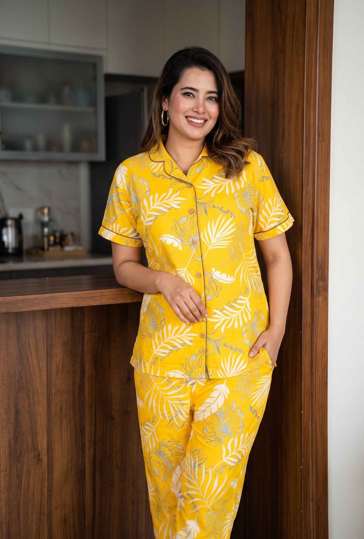Plum Leaf Yellow Cotton Printed Night Suit