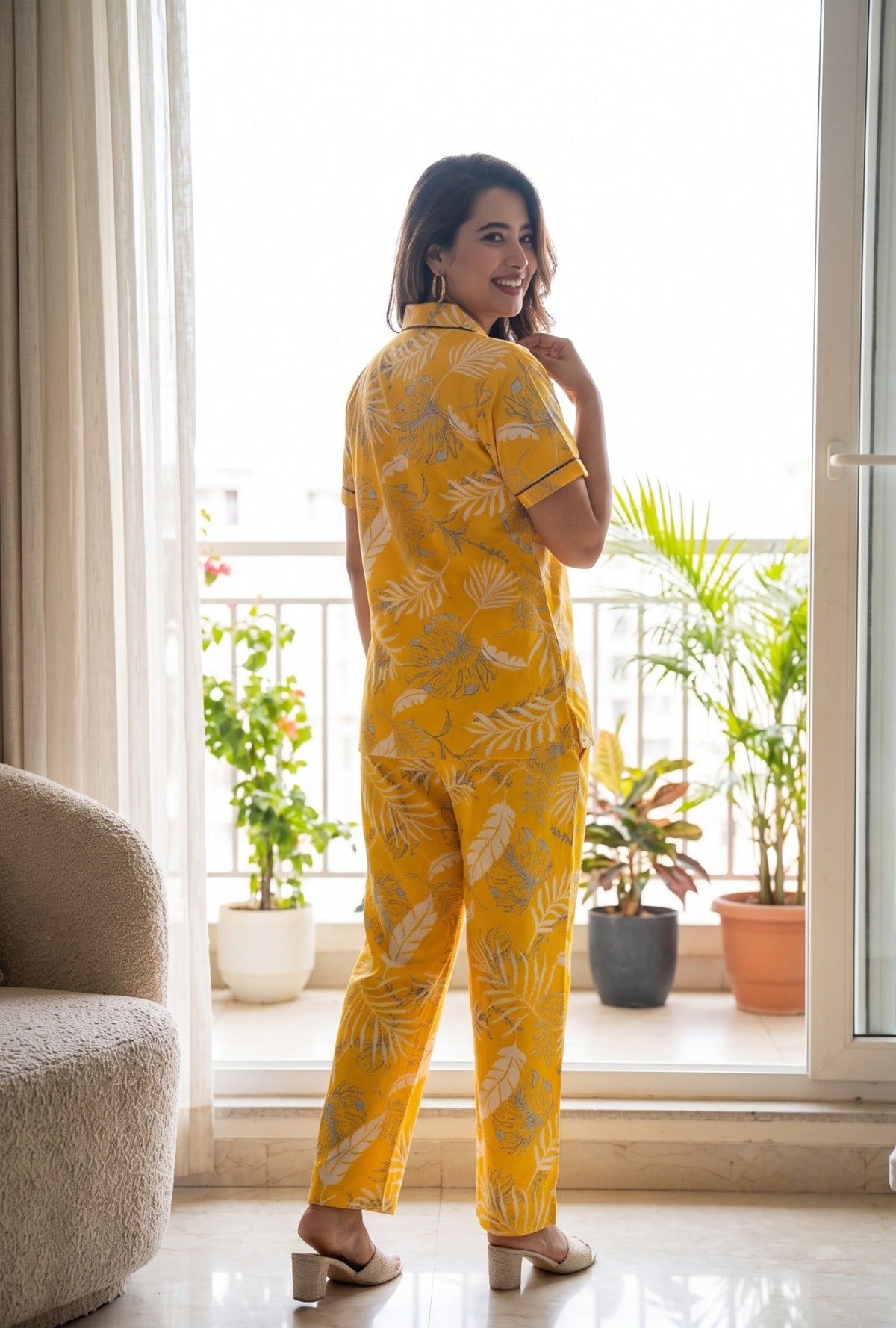 Plum Leaf Yellow Cotton Printed Night Suit