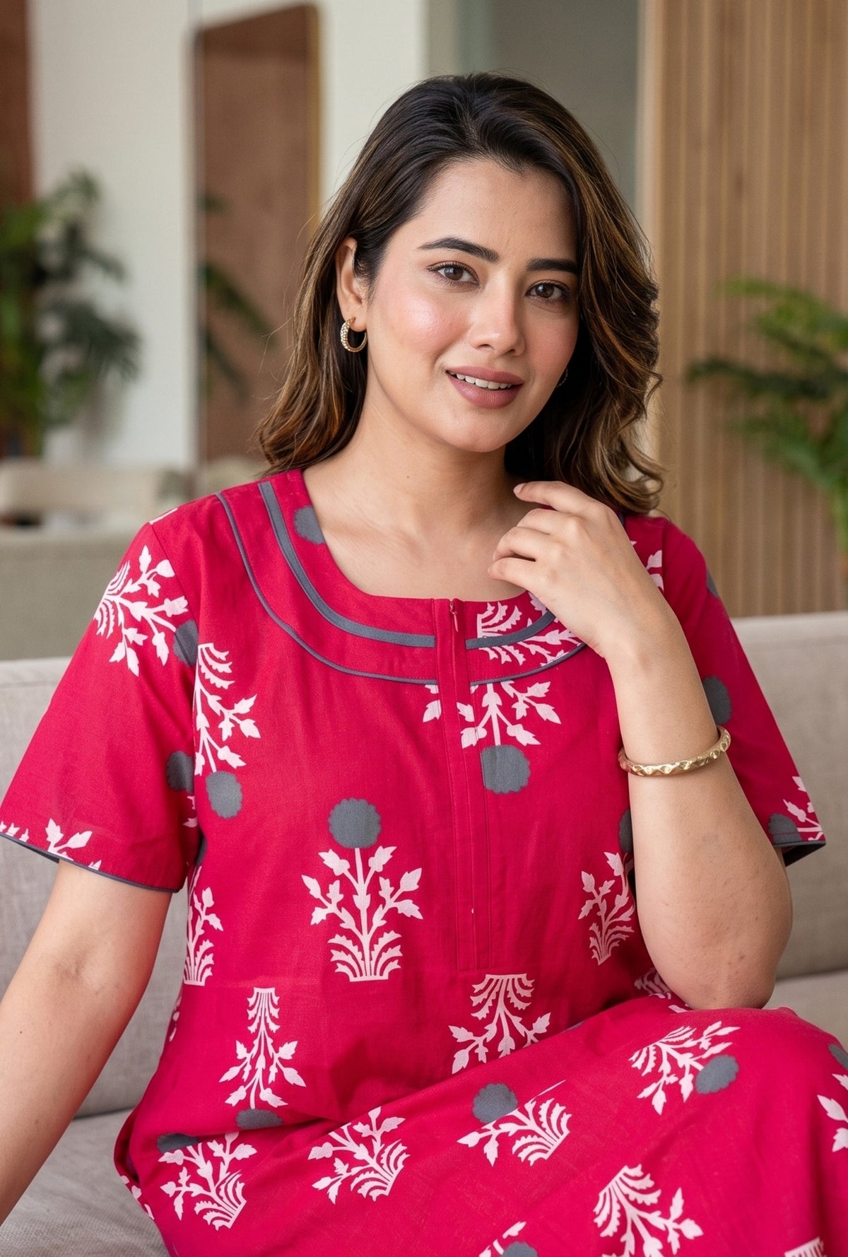 Imperial Bloom Royal Pink Printed Cotton Night Gown