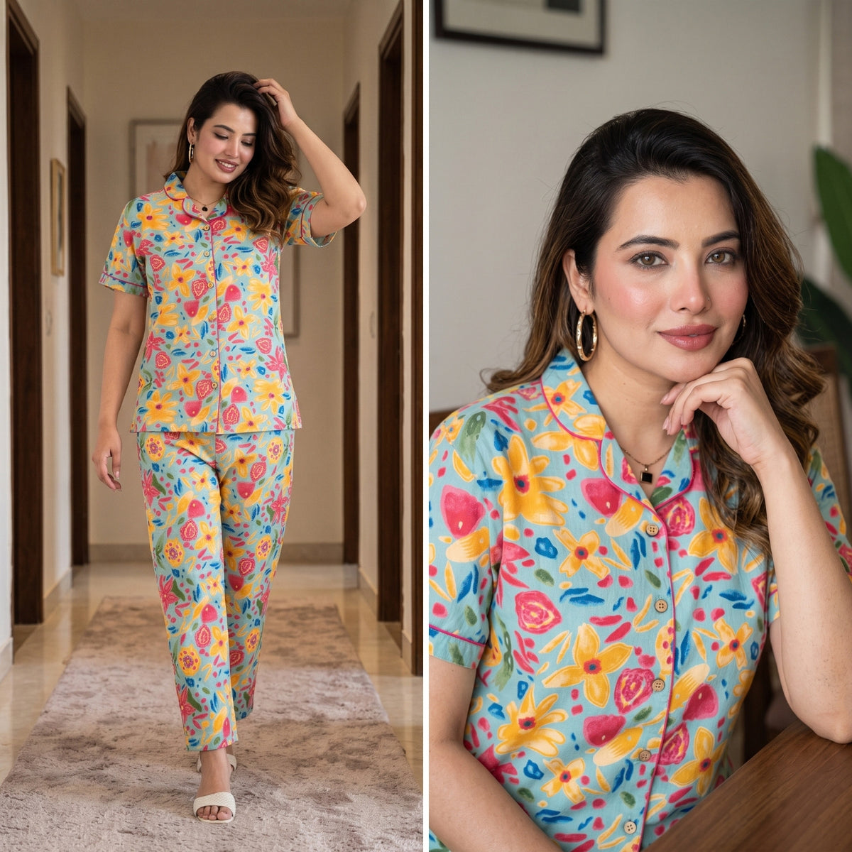 Marine Sea Green Cotton Printed Night Suit