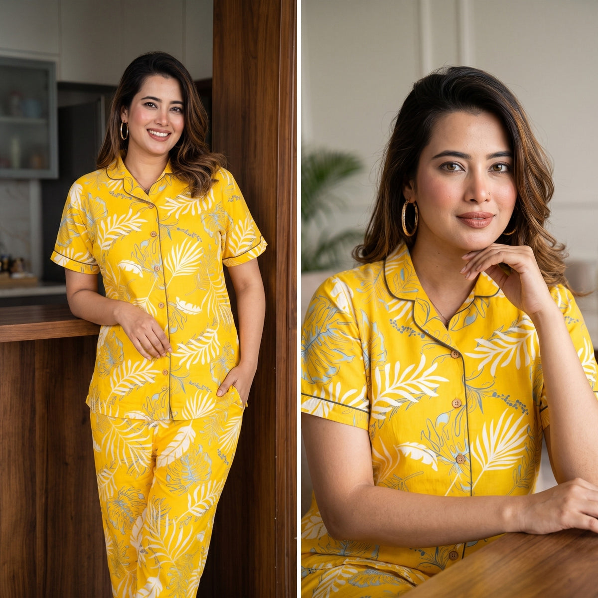 Plum Leaf Yellow Cotton Printed Night Suit