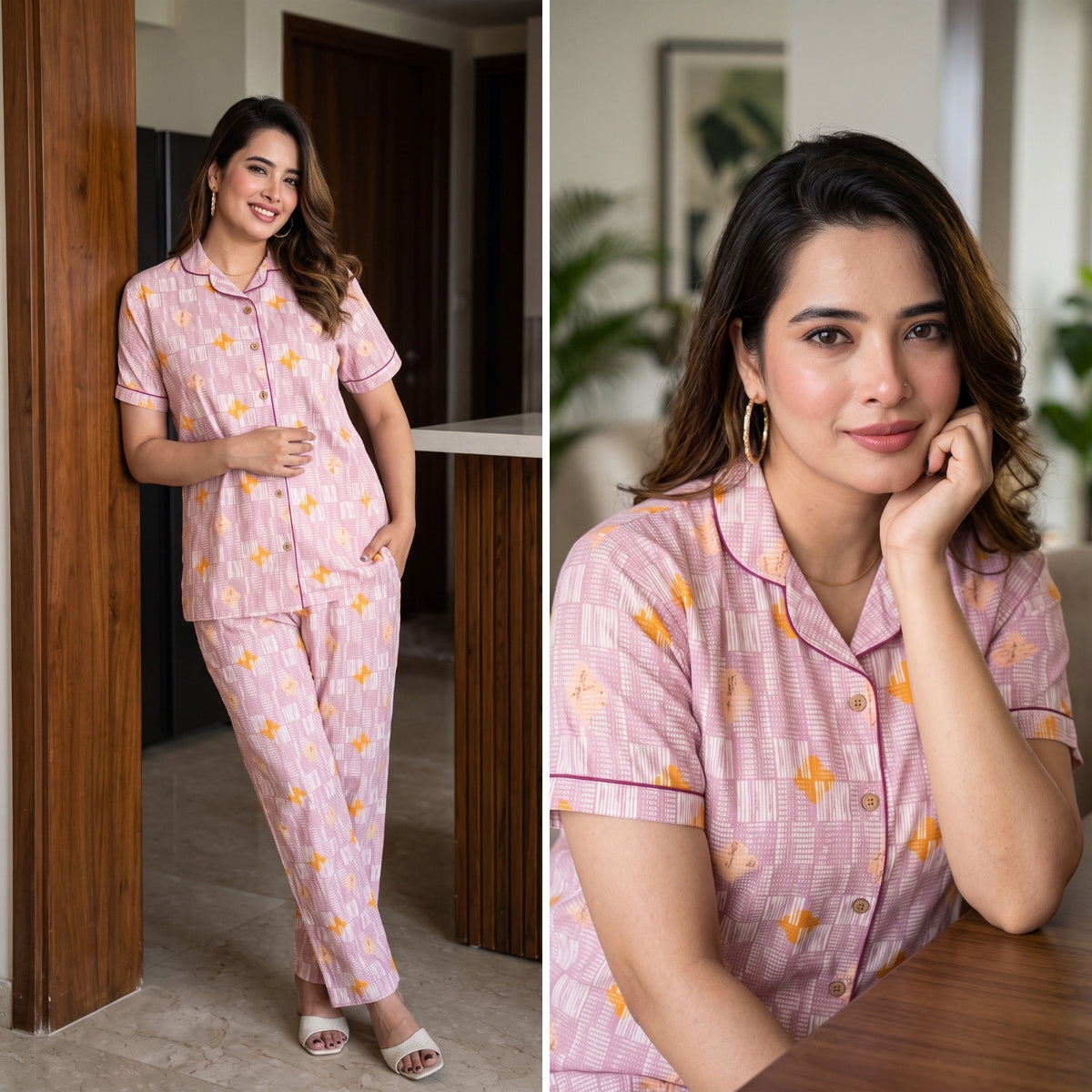 Grid Buta Mauve Cotton Printed Night Suit