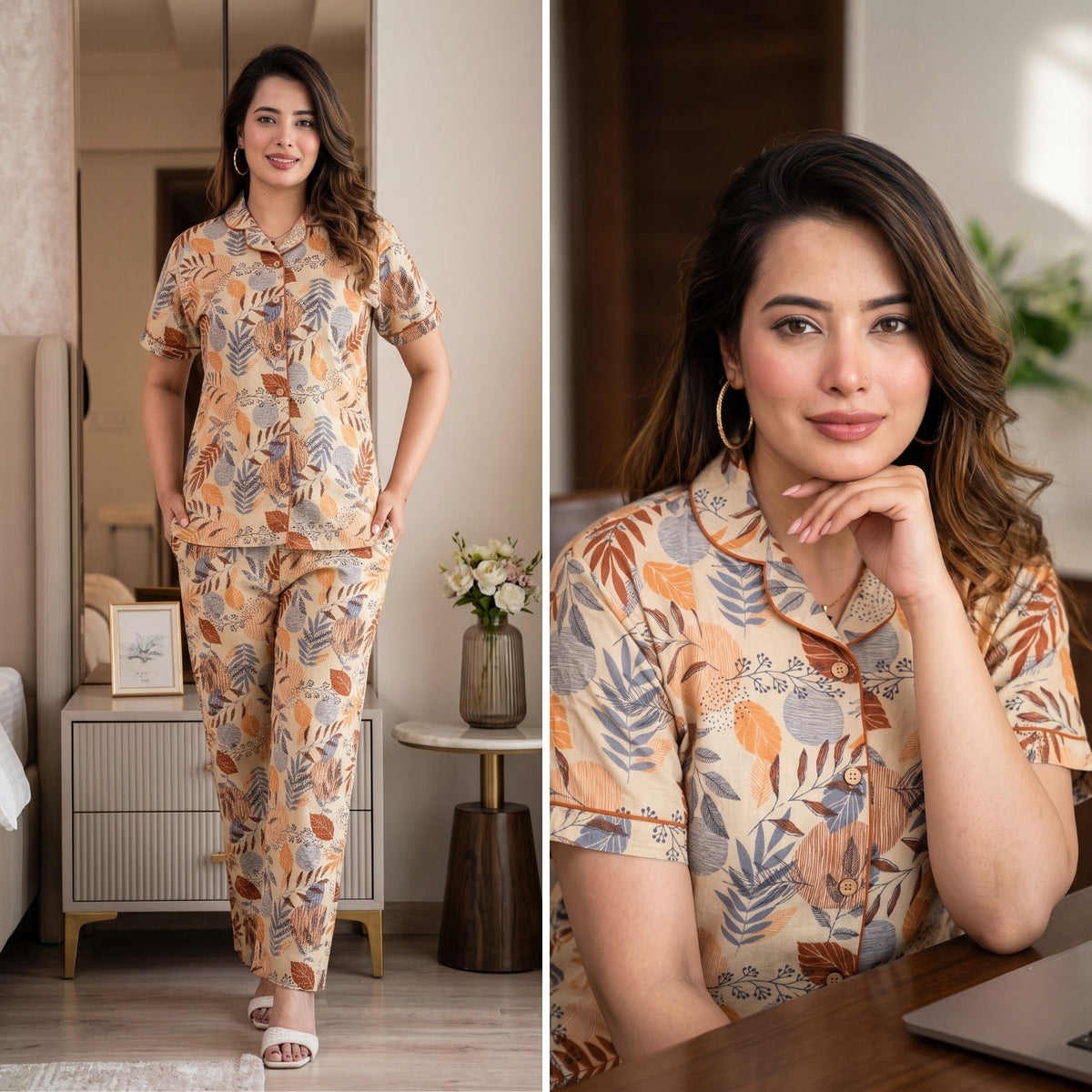 Lining Leaves Grey Cotton Printed Night Suit