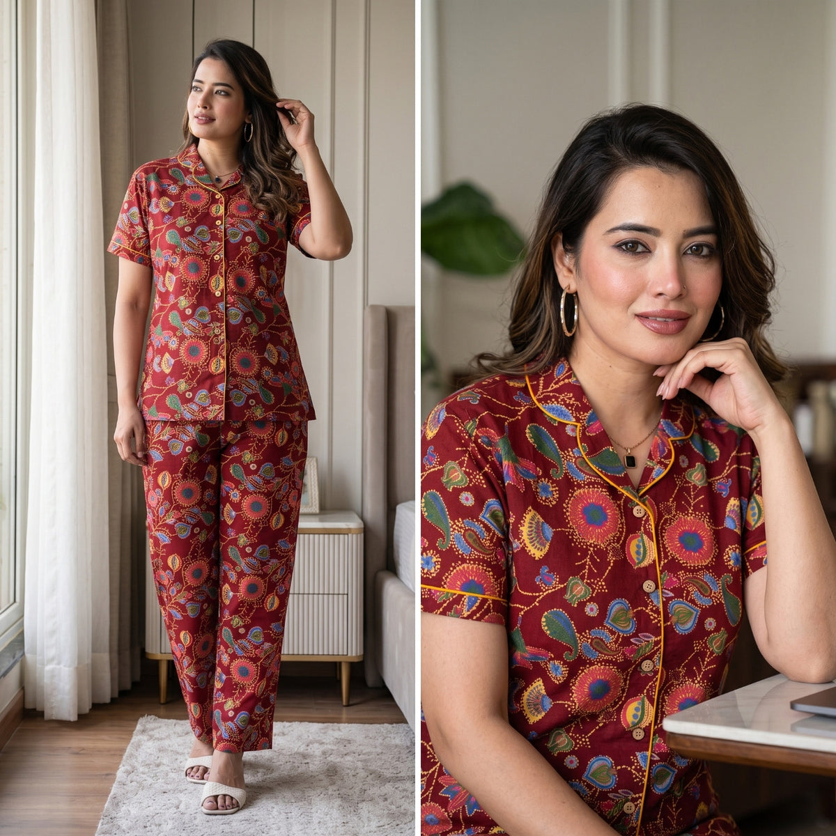 Paisley Flower Maroon Cotton Printed Night Suit