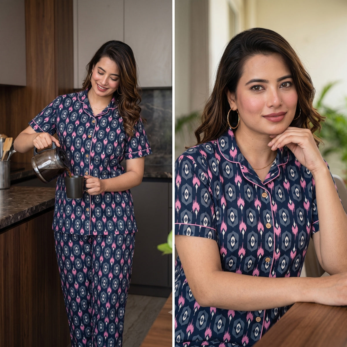 Ikkat Diamond Navy Cotton Printed Night Suit