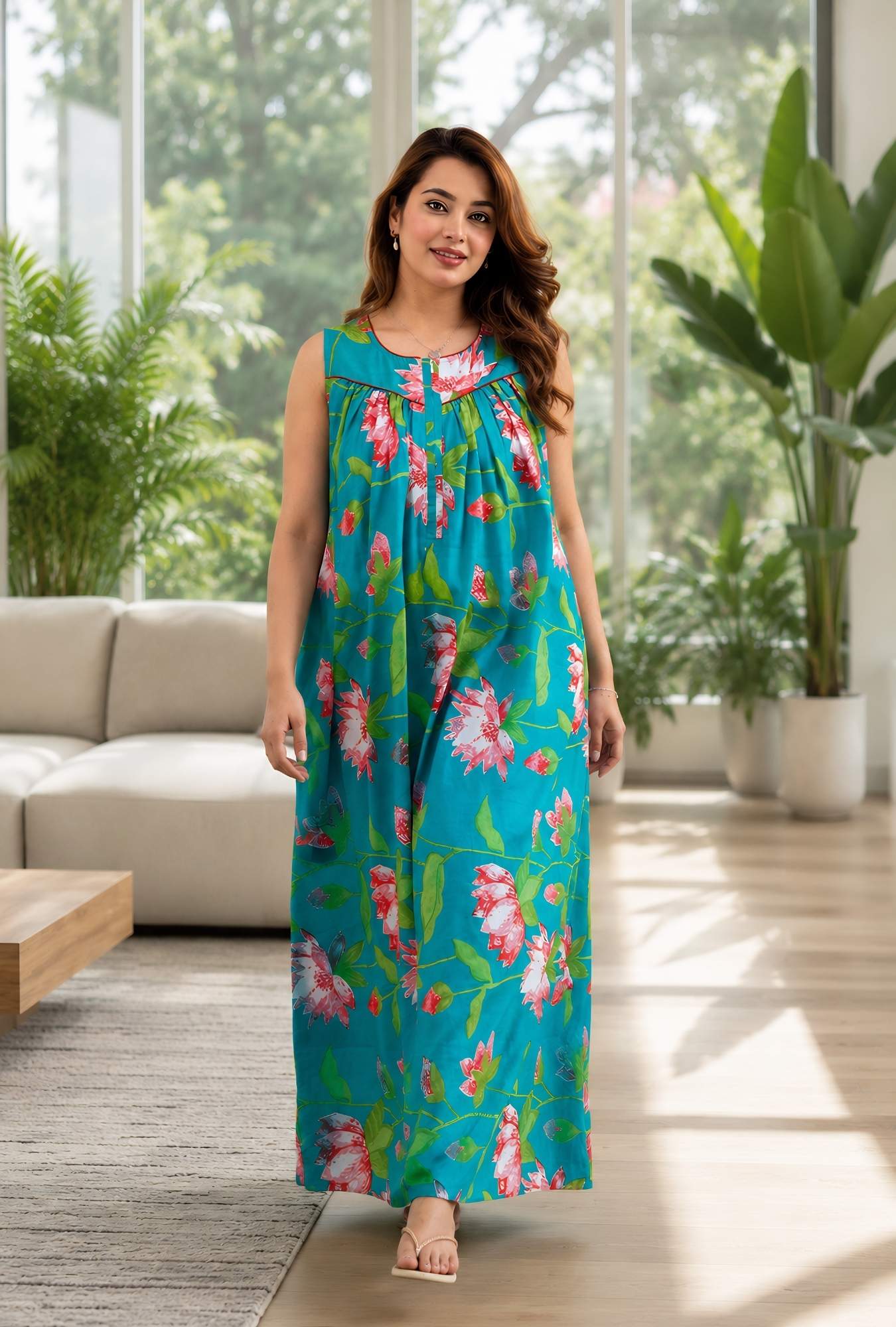 Paradise Petals Turquoise Sleeveless Cotton Night Gown